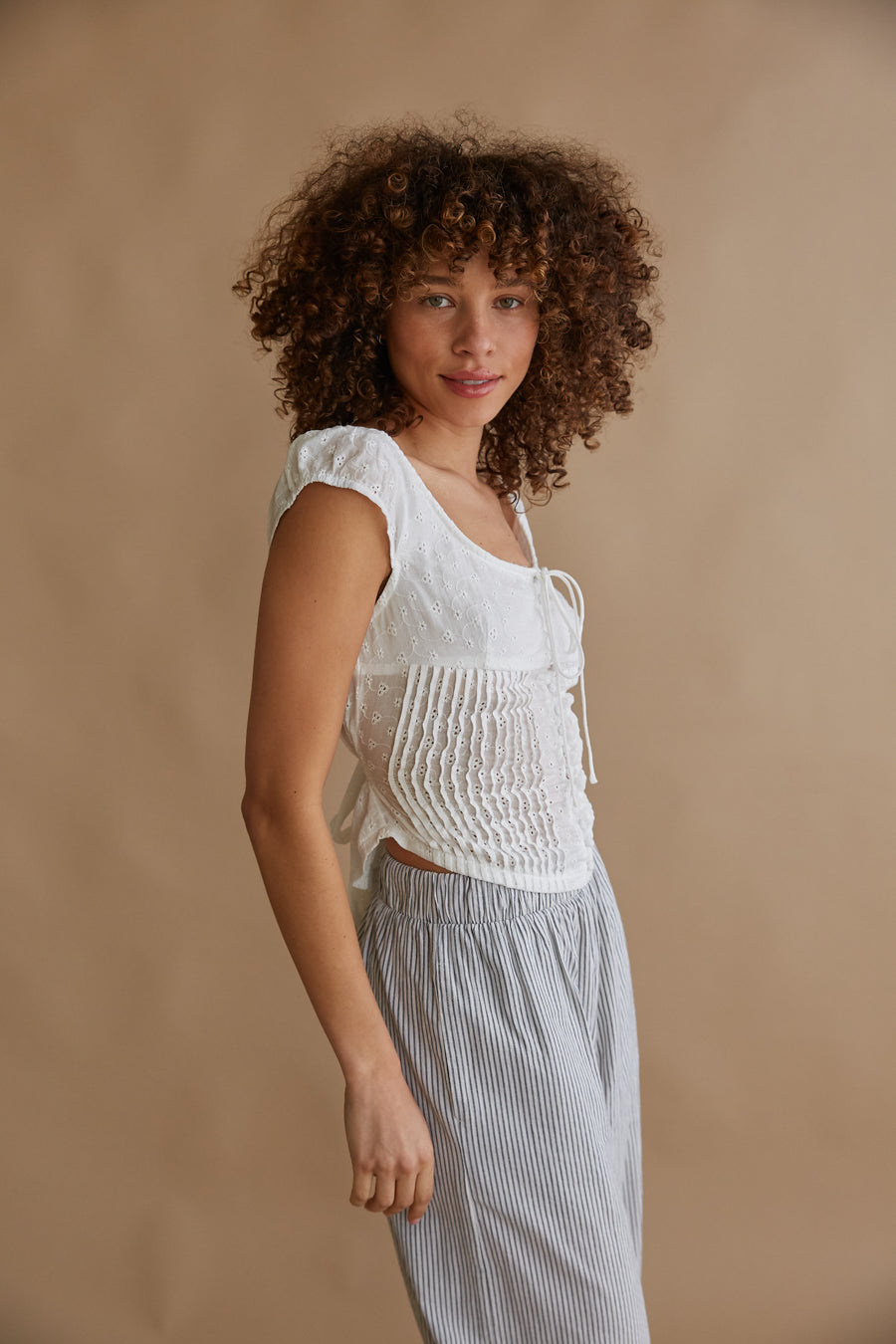Fern Pleated Eyelet Button Up Blouse