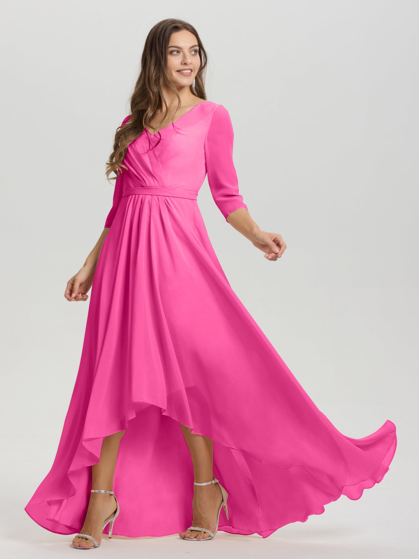 Flowy 3/4 Sleeves V-Neck Asymmetrical High Low Chiffon Bridesmaid Dress