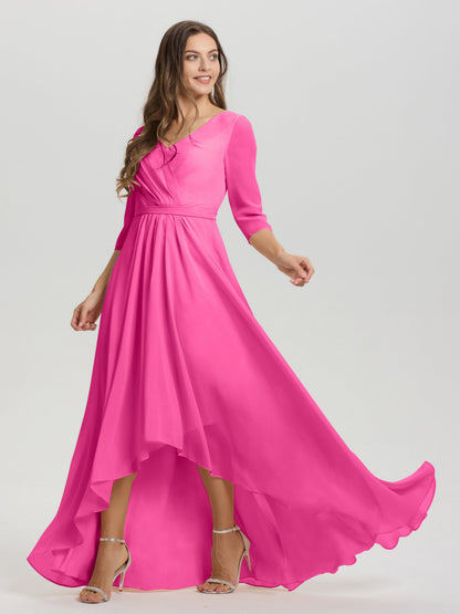 Flowy 3/4 Sleeves V-Neck Asymmetrical High Low Chiffon Bridesmaid Dress