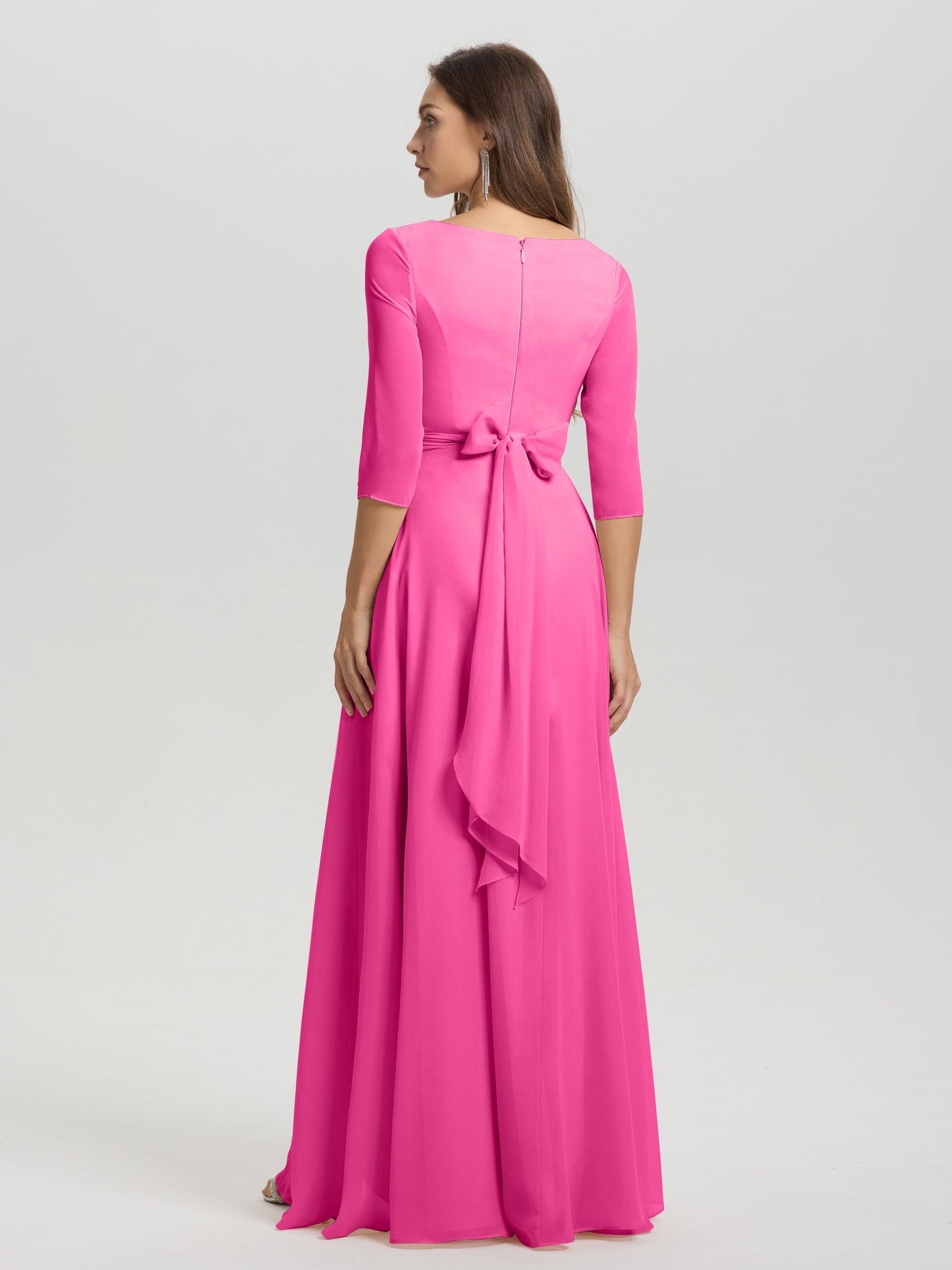 Flowy 3/4 Sleeves V-Neck Asymmetrical High Low Chiffon Bridesmaid Dress