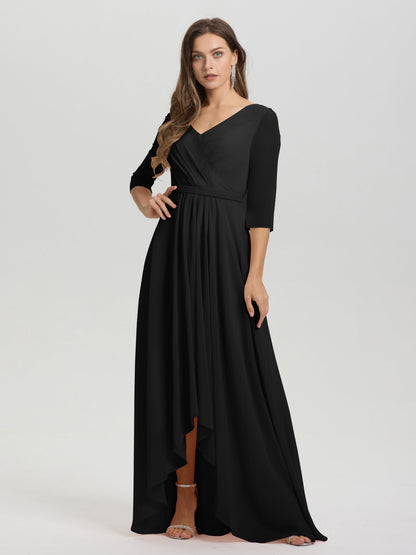 Flowy 3/4 Sleeves V-Neck Asymmetrical High Low Chiffon Bridesmaid Dress