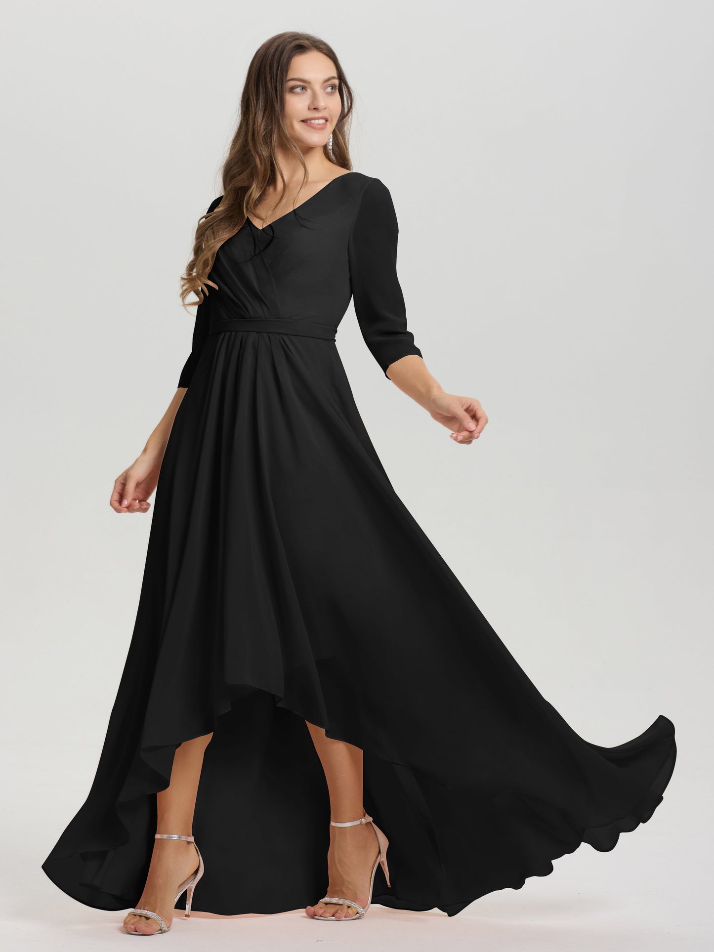 Flowy 3/4 Sleeves V-Neck Asymmetrical High Low Chiffon Bridesmaid Dress