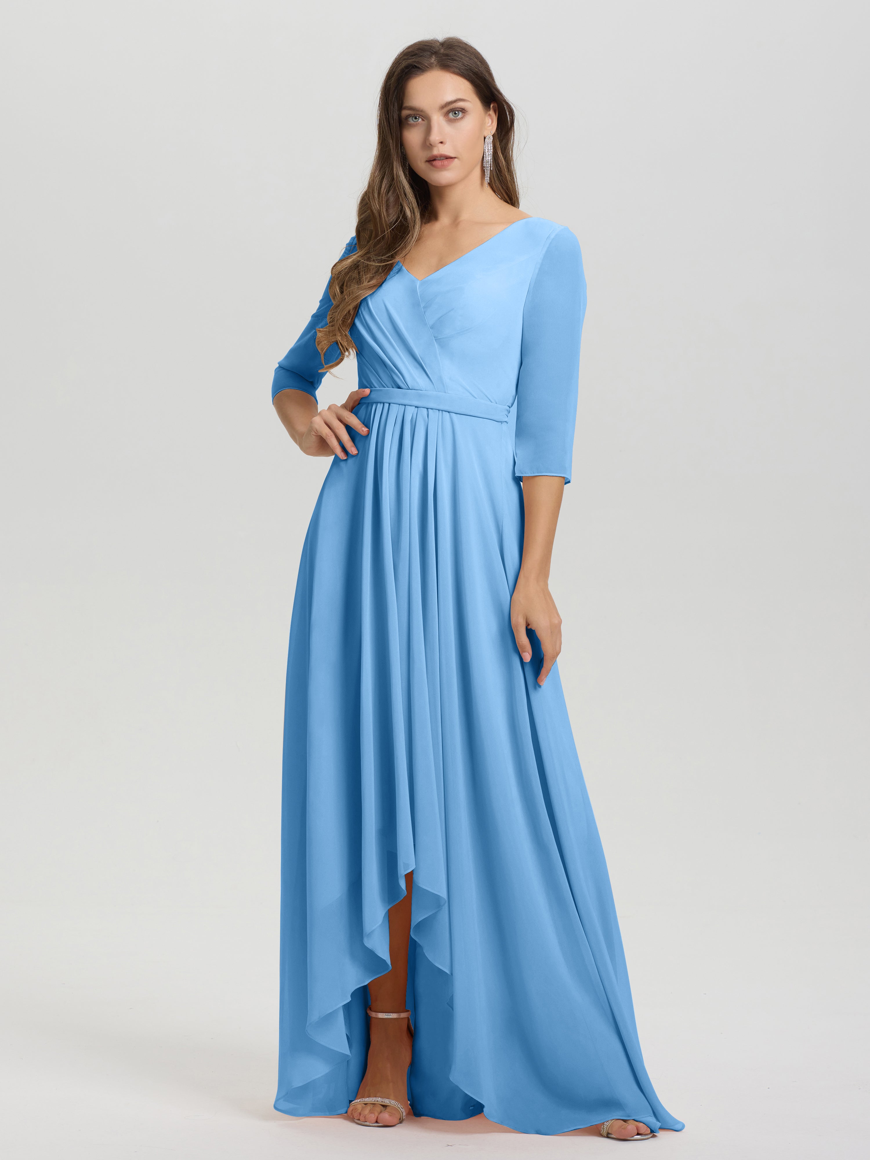 Flowy 3/4 Sleeves V-Neck Asymmetrical High Low Chiffon Bridesmaid Dress