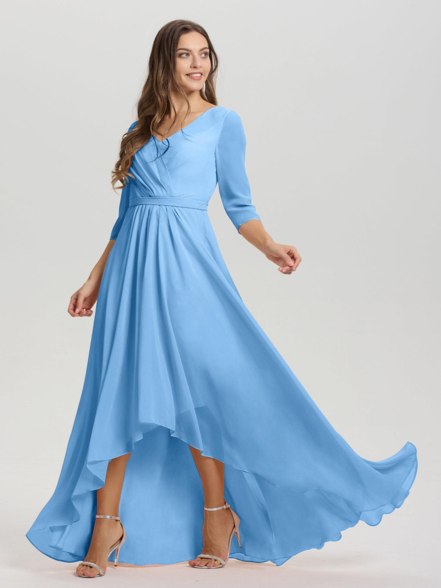 Flowy 3/4 Sleeves V-Neck Asymmetrical High Low Chiffon Bridesmaid Dress