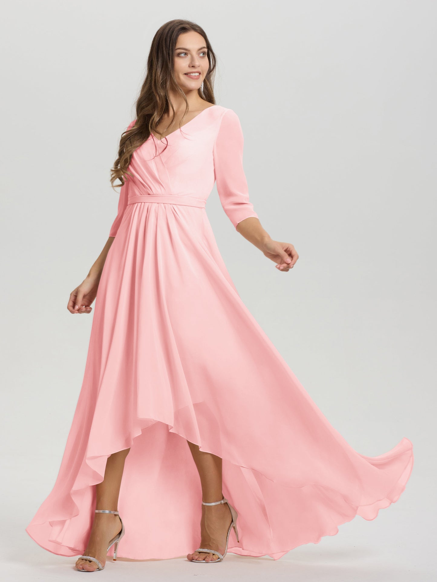Flowy 3/4 Sleeves V-Neck Asymmetrical High Low Chiffon Bridesmaid Dress