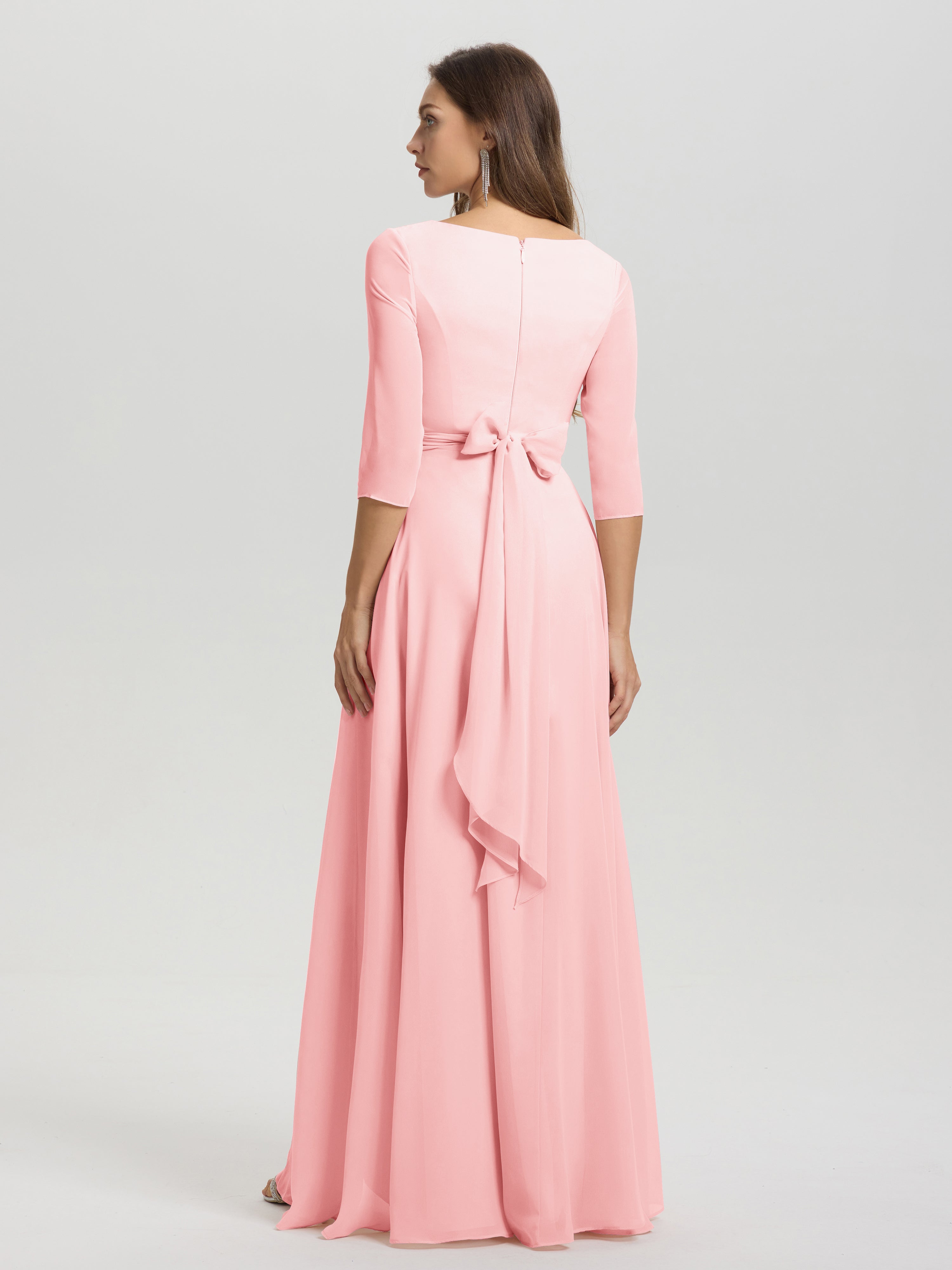 Flowy 3/4 Sleeves V-Neck Asymmetrical High Low Chiffon Bridesmaid Dress