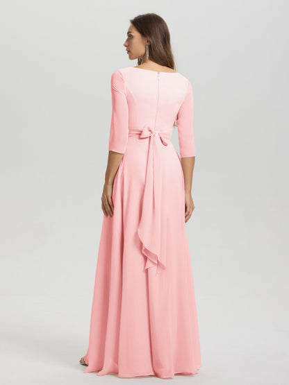Flowy 3/4 Sleeves V-Neck Asymmetrical High Low Chiffon Bridesmaid Dress