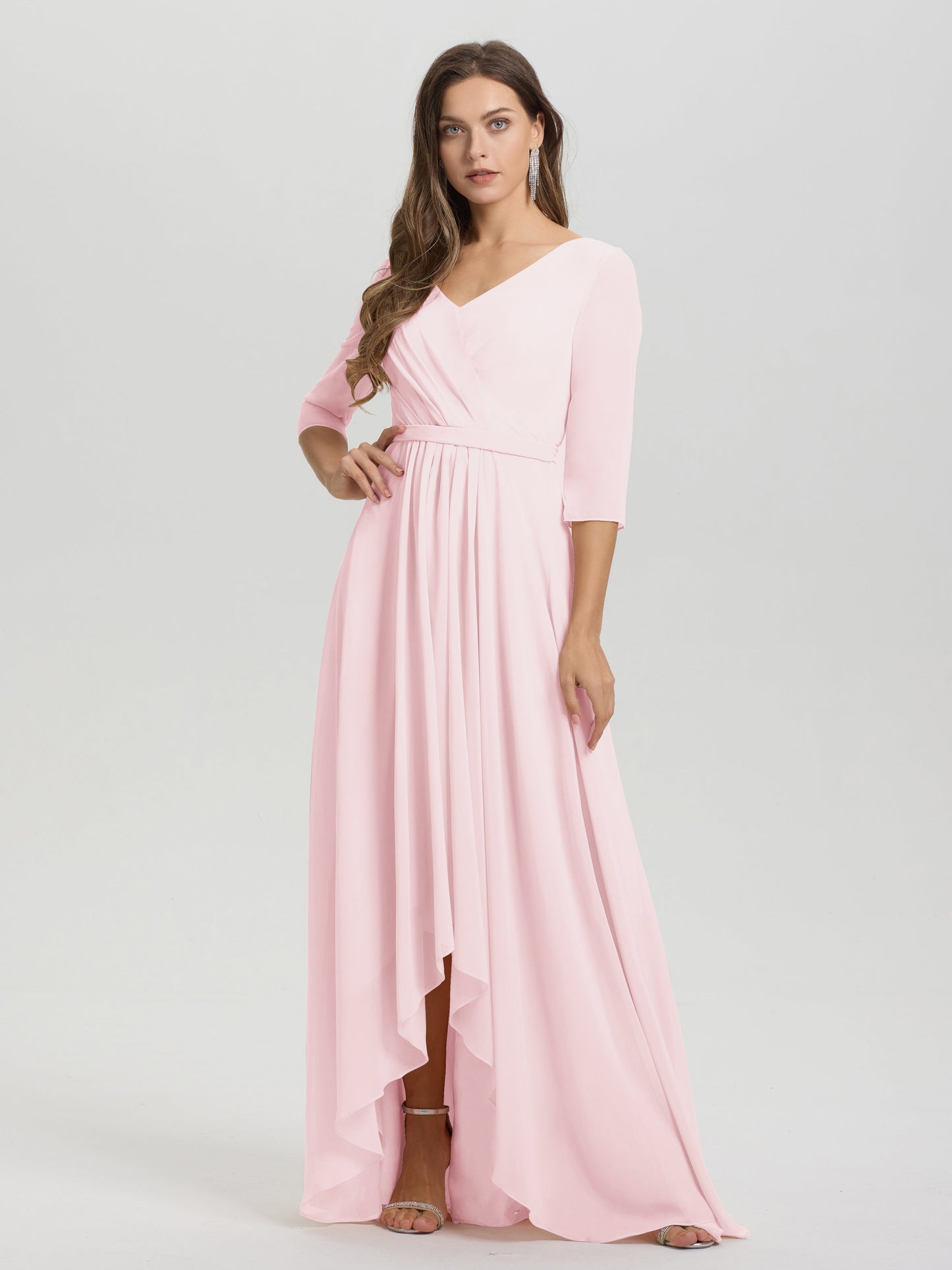 Flowy 3/4 Sleeves V-Neck Asymmetrical High Low Chiffon Bridesmaid Dress