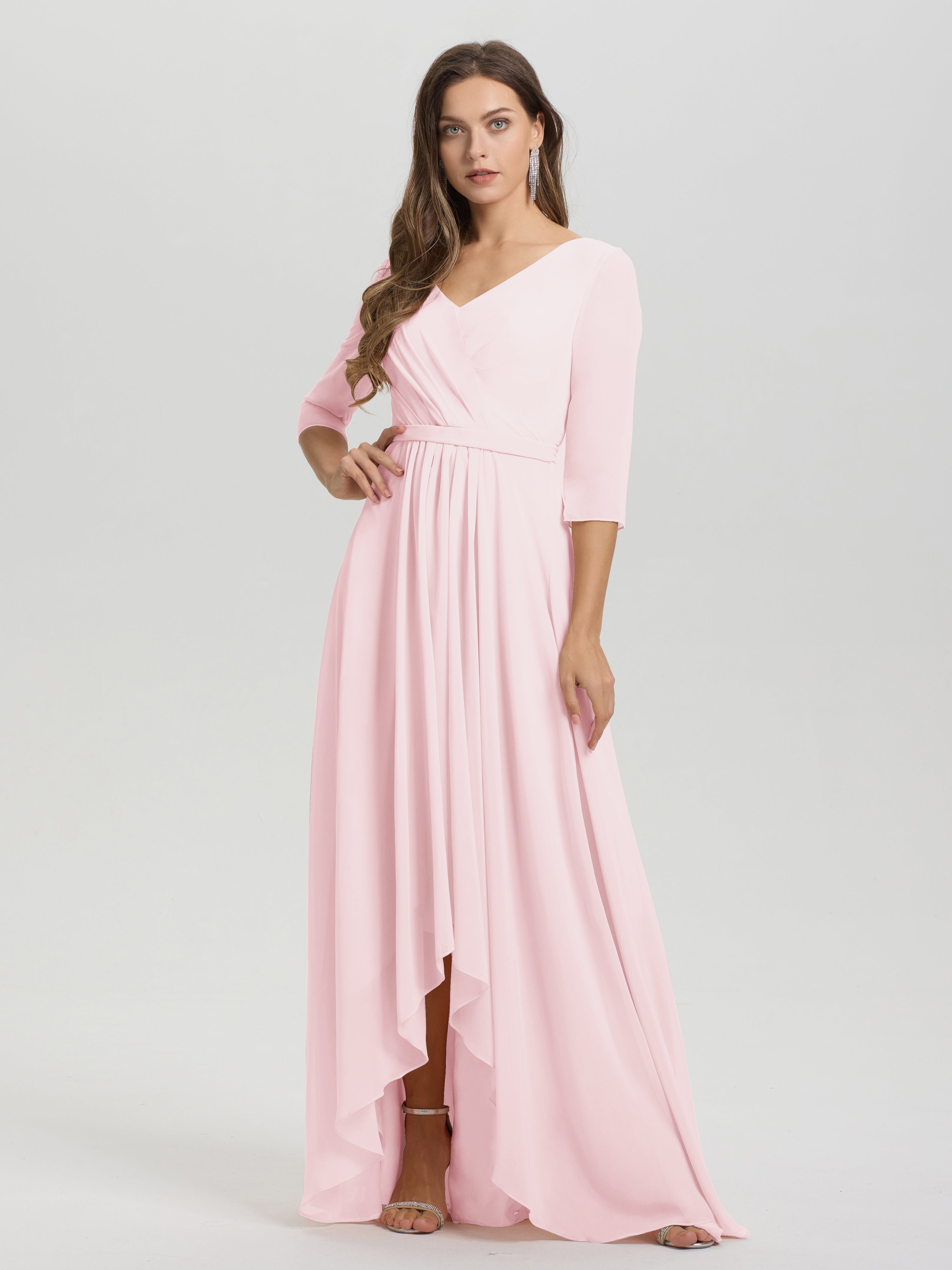 Flowy 3/4 Sleeves V-Neck Asymmetrical High Low Chiffon Bridesmaid Dress