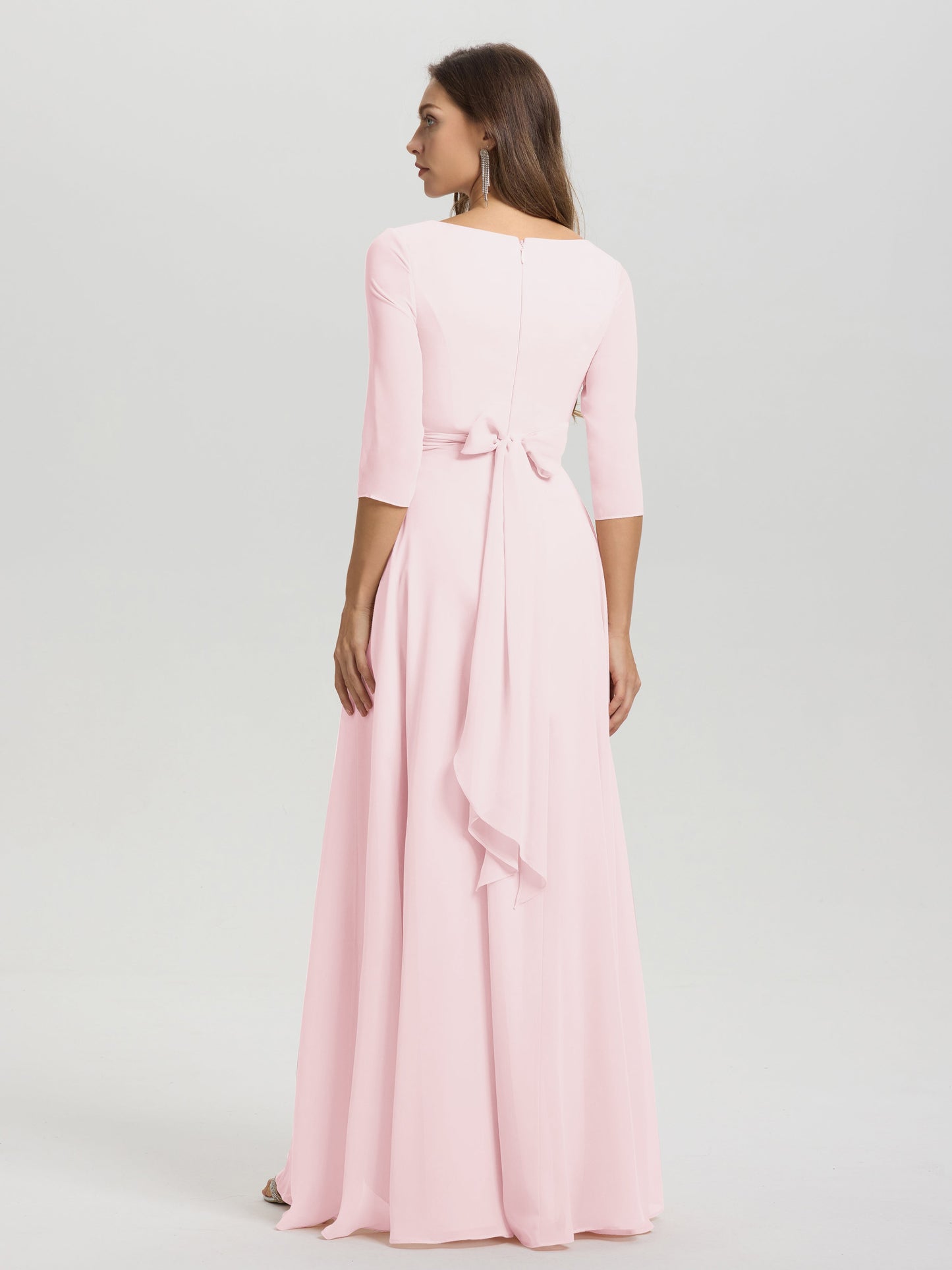 Flowy 3/4 Sleeves V-Neck Asymmetrical High Low Chiffon Bridesmaid Dress