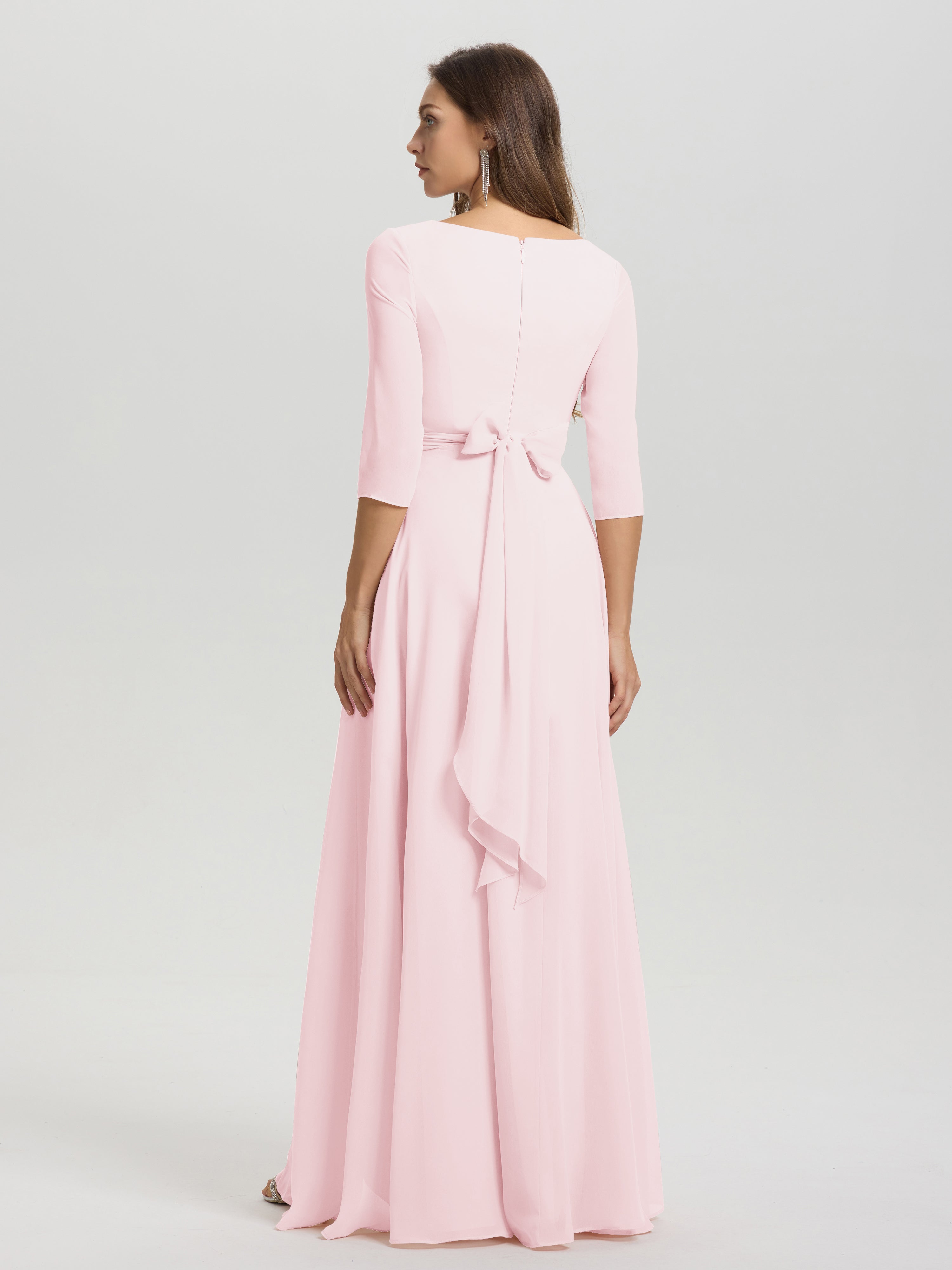 Flowy 3/4 Sleeves V-Neck Asymmetrical High Low Chiffon Bridesmaid Dress