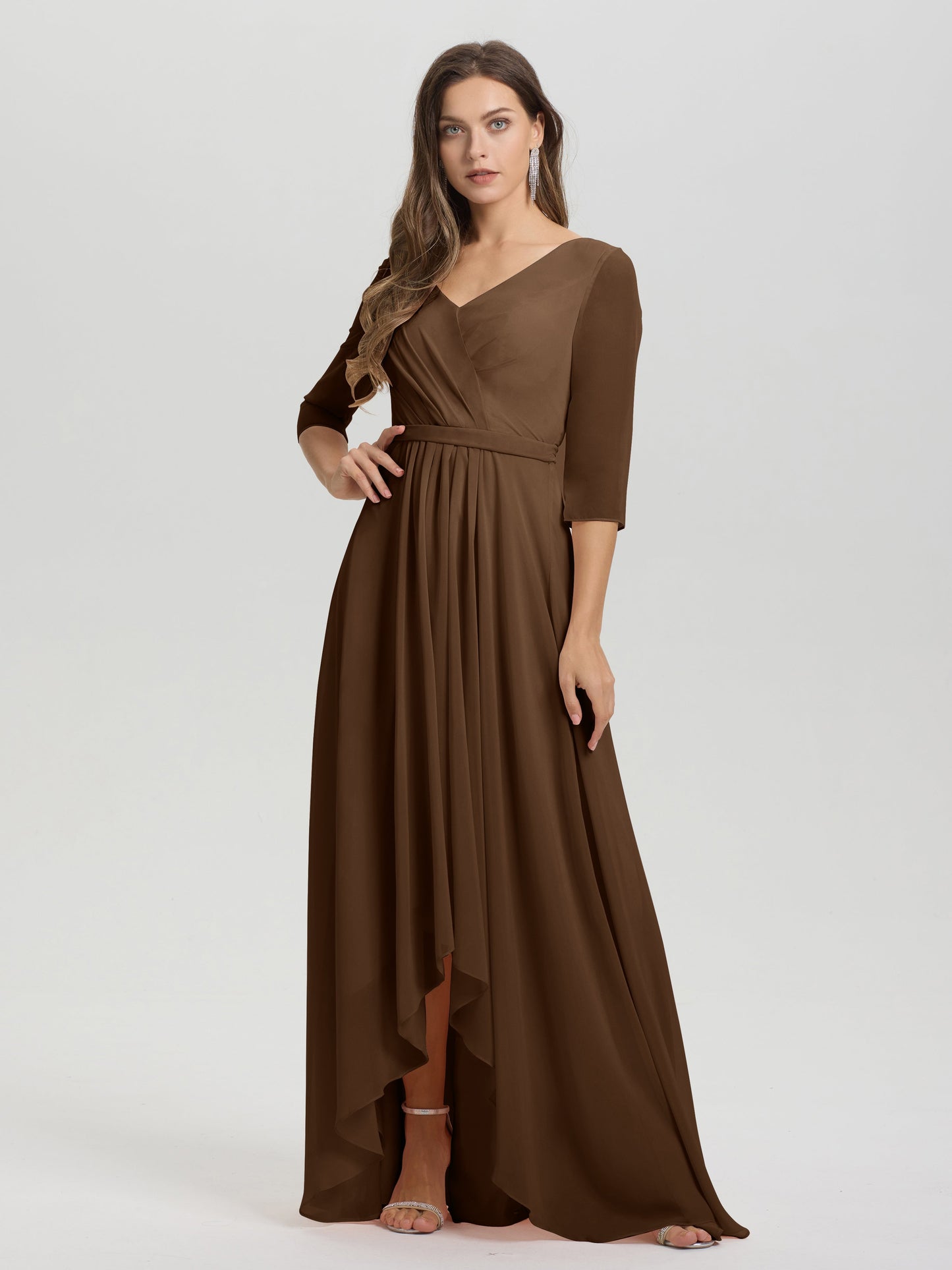 Flowy 3/4 Sleeves V-Neck Asymmetrical High Low Chiffon Bridesmaid Dress