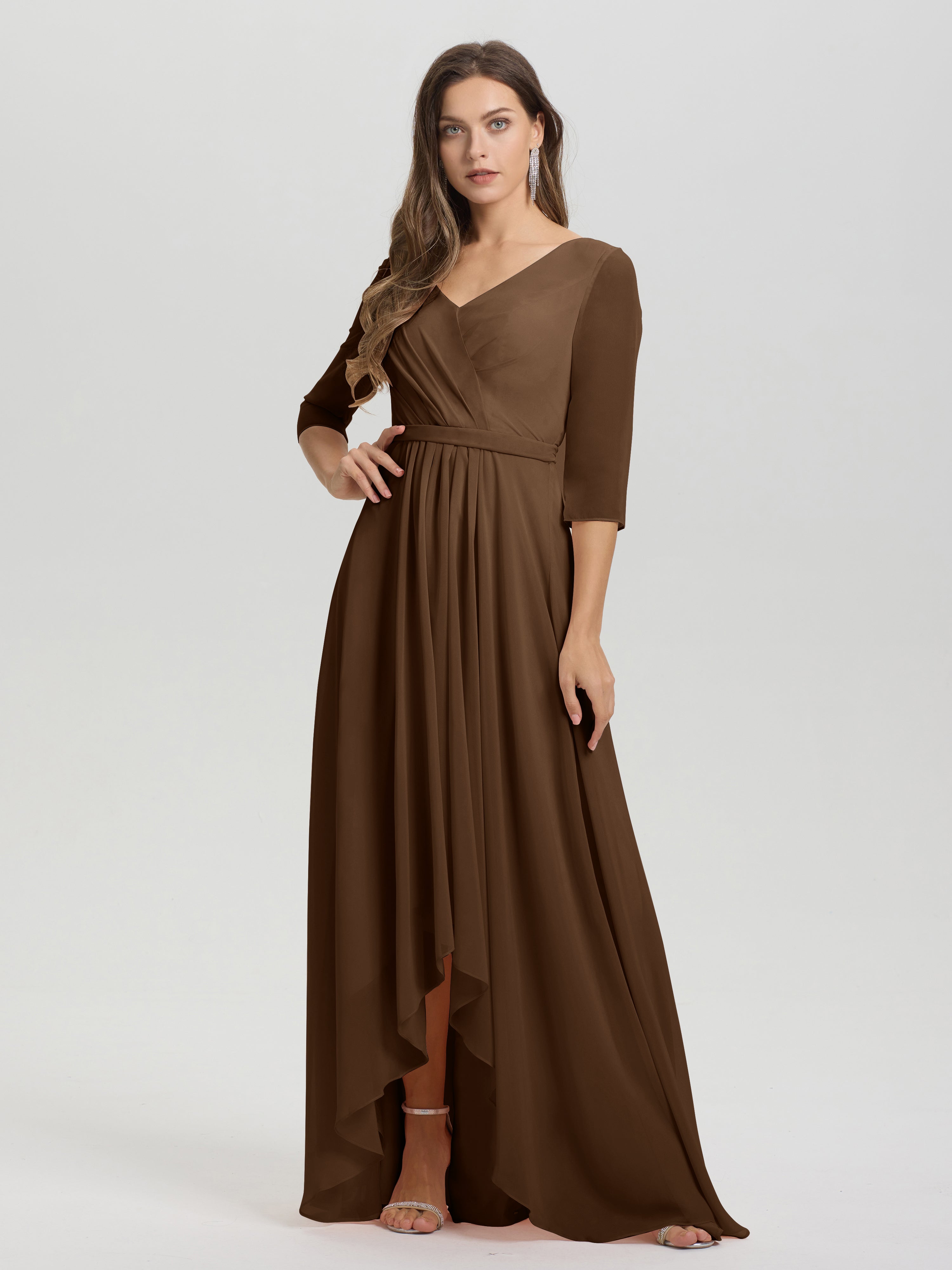 Flowy 3/4 Sleeves V-Neck Asymmetrical High Low Chiffon Bridesmaid Dress