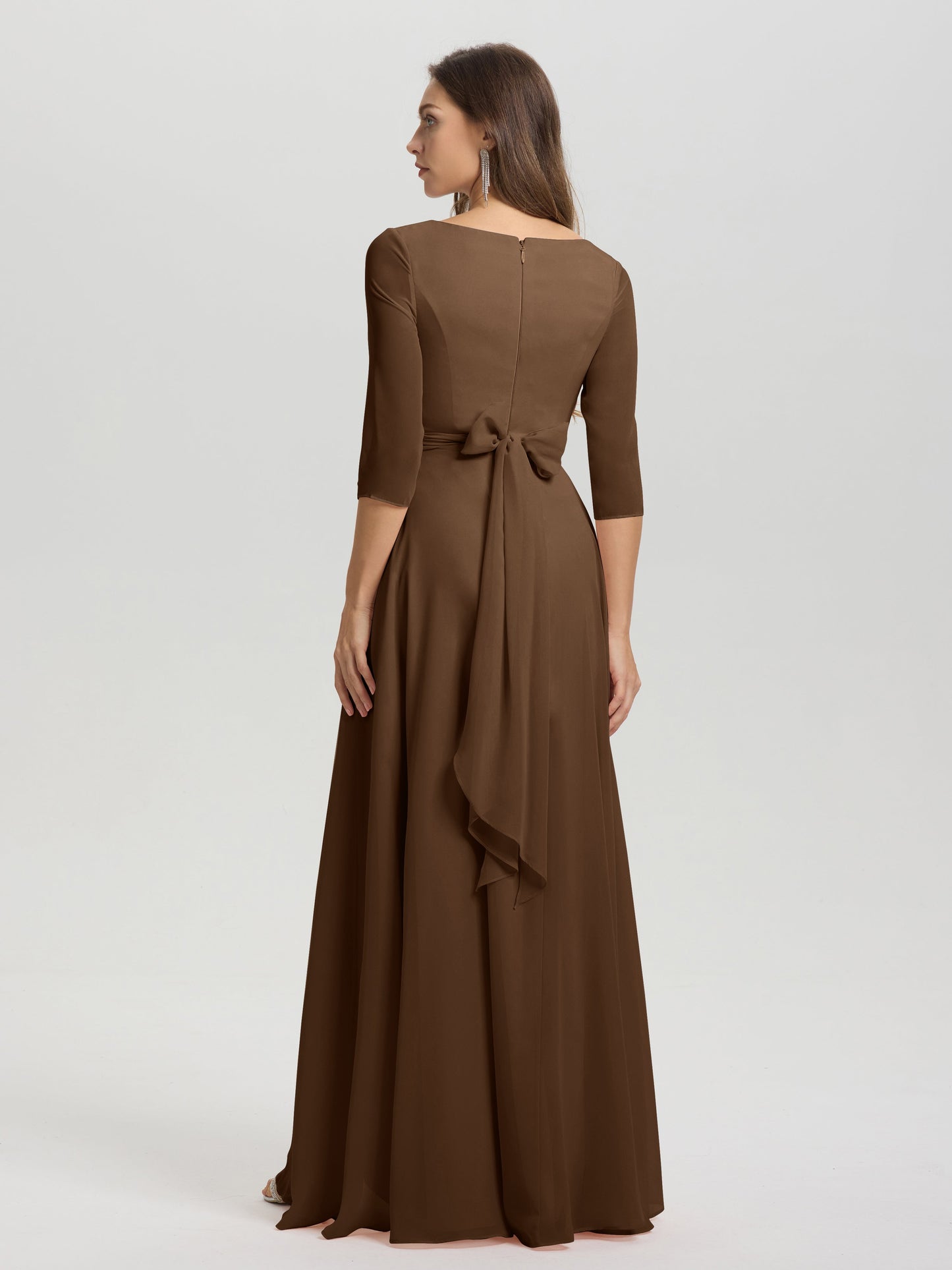 Flowy 3/4 Sleeves V-Neck Asymmetrical High Low Chiffon Bridesmaid Dress