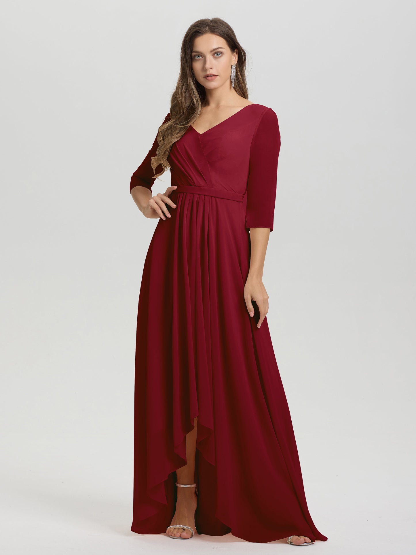 Flowy 3/4 Sleeves V-Neck Asymmetrical High Low Chiffon Bridesmaid Dress