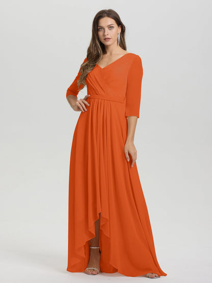 Flowy 3/4 Sleeves V-Neck Asymmetrical High Low Chiffon Bridesmaid Dress
