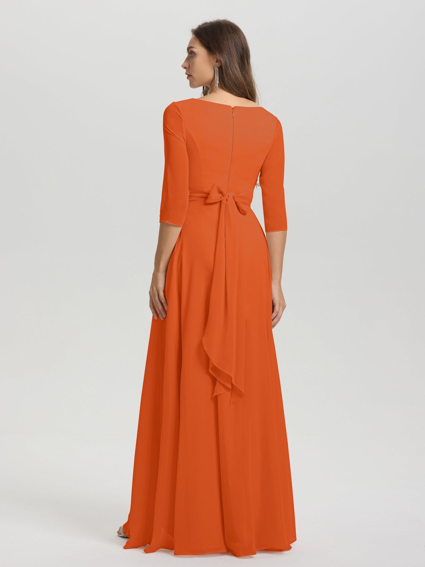 Flowy 3/4 Sleeves V-Neck Asymmetrical High Low Chiffon Bridesmaid Dress