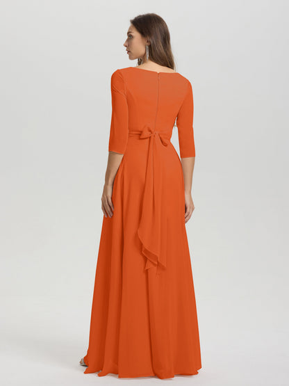 Flowy 3/4 Sleeves V-Neck Asymmetrical High Low Chiffon Bridesmaid Dress