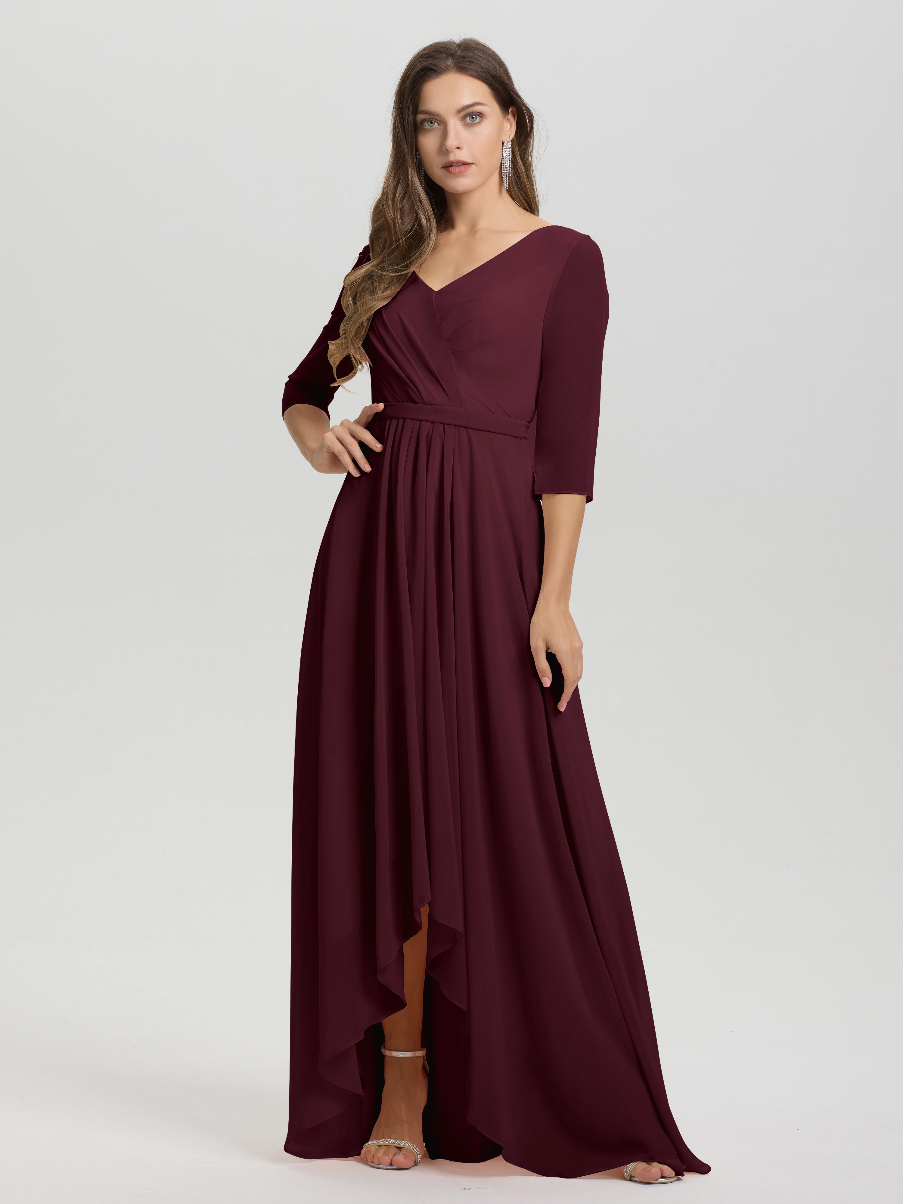 Flowy 3/4 Sleeves V-Neck Asymmetrical High Low Chiffon Bridesmaid Dress