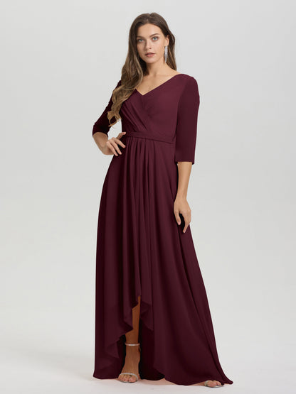 Flowy 3/4 Sleeves V-Neck Asymmetrical High Low Chiffon Bridesmaid Dress