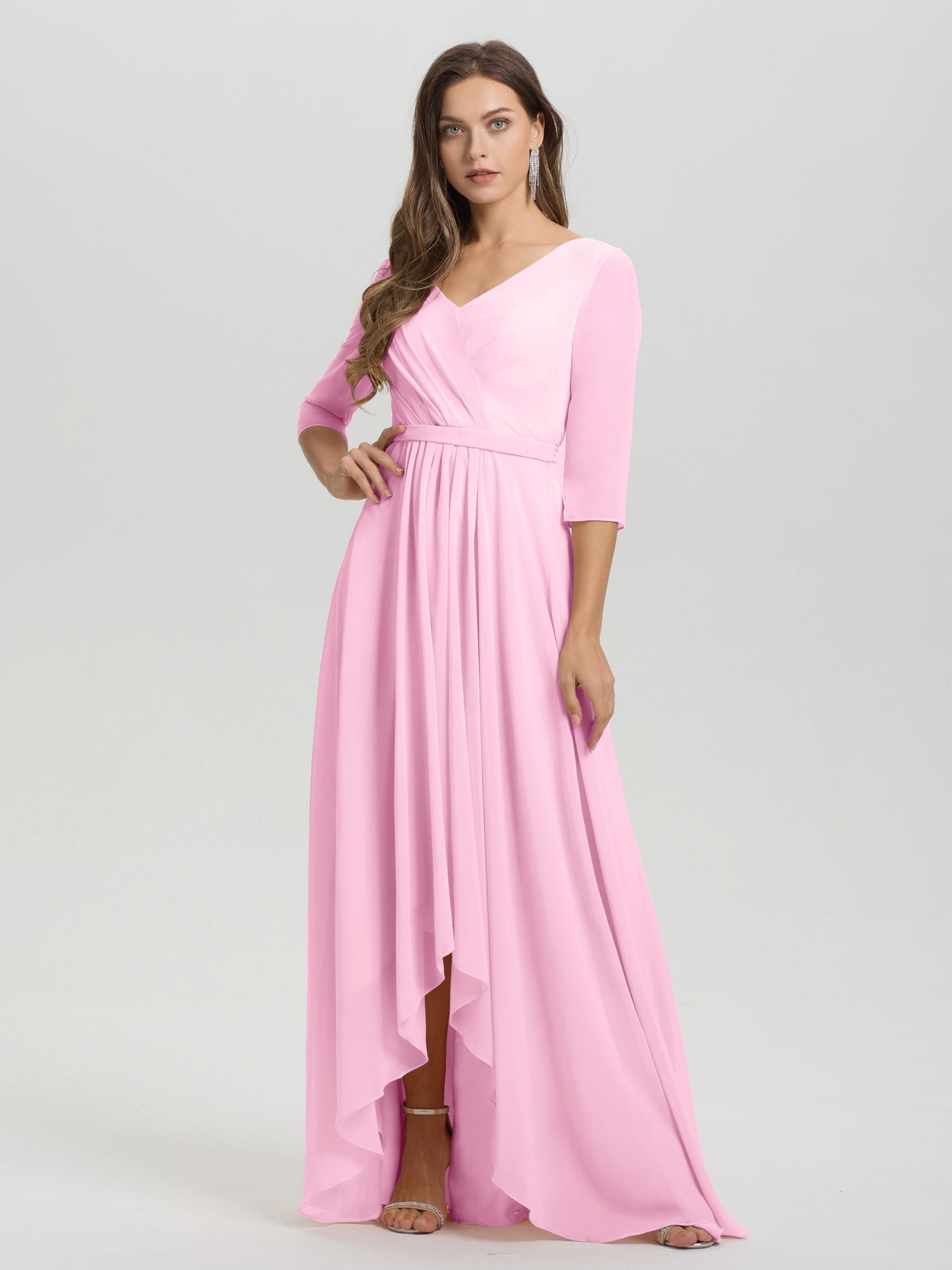 Flowy 3/4 Sleeves V-Neck Asymmetrical High Low Chiffon Bridesmaid Dress