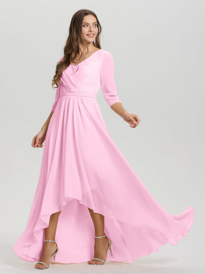 Flowy 3/4 Sleeves V-Neck Asymmetrical High Low Chiffon Bridesmaid Dress