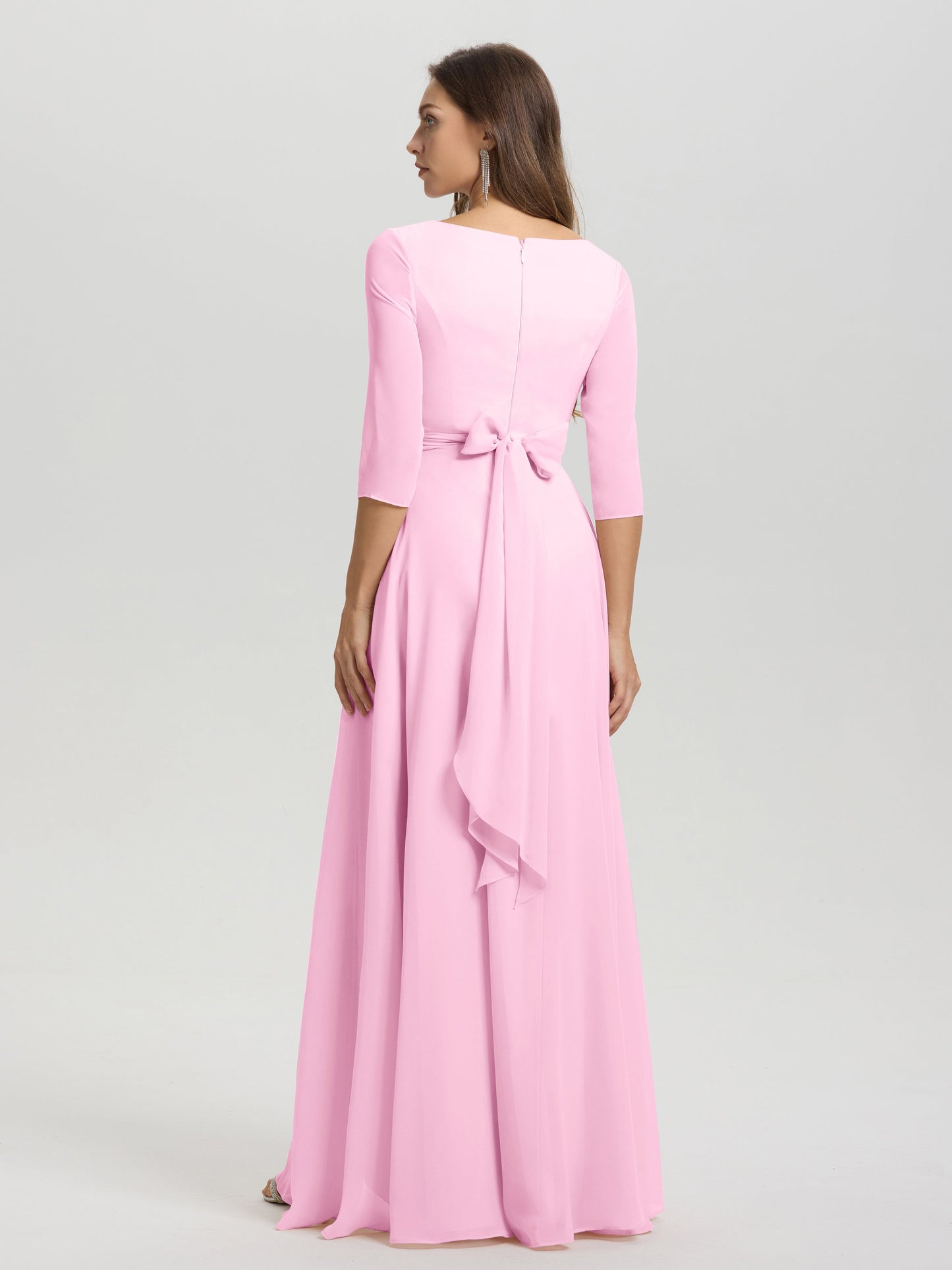 Flowy 3/4 Sleeves V-Neck Asymmetrical High Low Chiffon Bridesmaid Dress