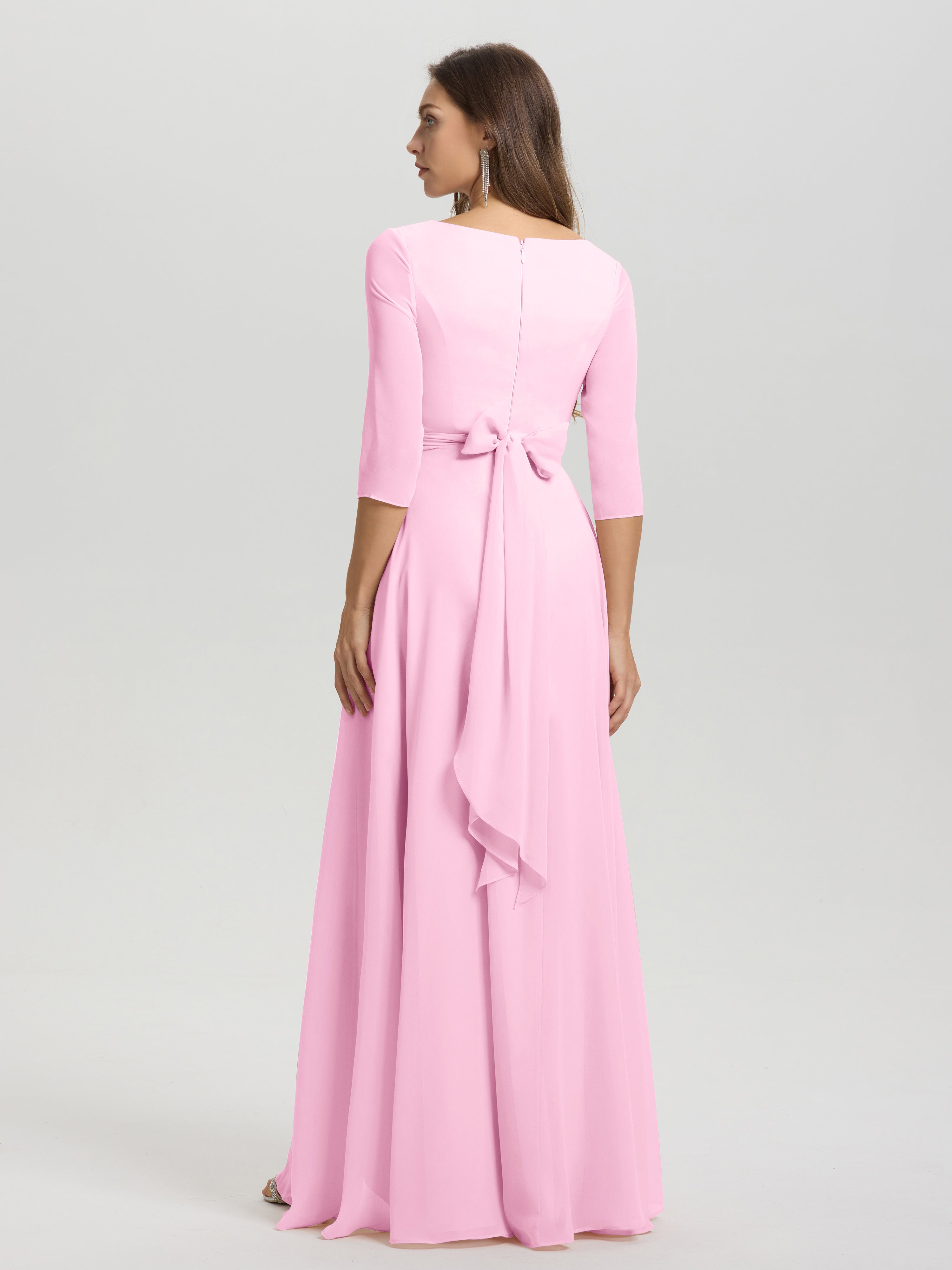 Flowy 3/4 Sleeves V-Neck Asymmetrical High Low Chiffon Bridesmaid Dress