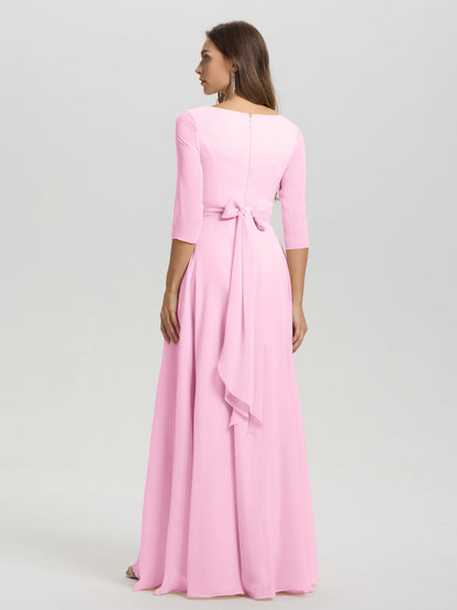 Flowy 3/4 Sleeves V-Neck Asymmetrical High Low Chiffon Bridesmaid Dress