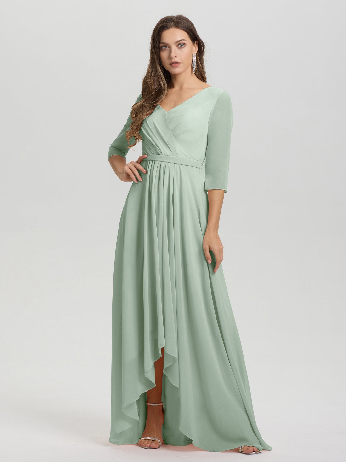 Flowy 3/4 Sleeves V-Neck Asymmetrical High Low Chiffon Bridesmaid Dress