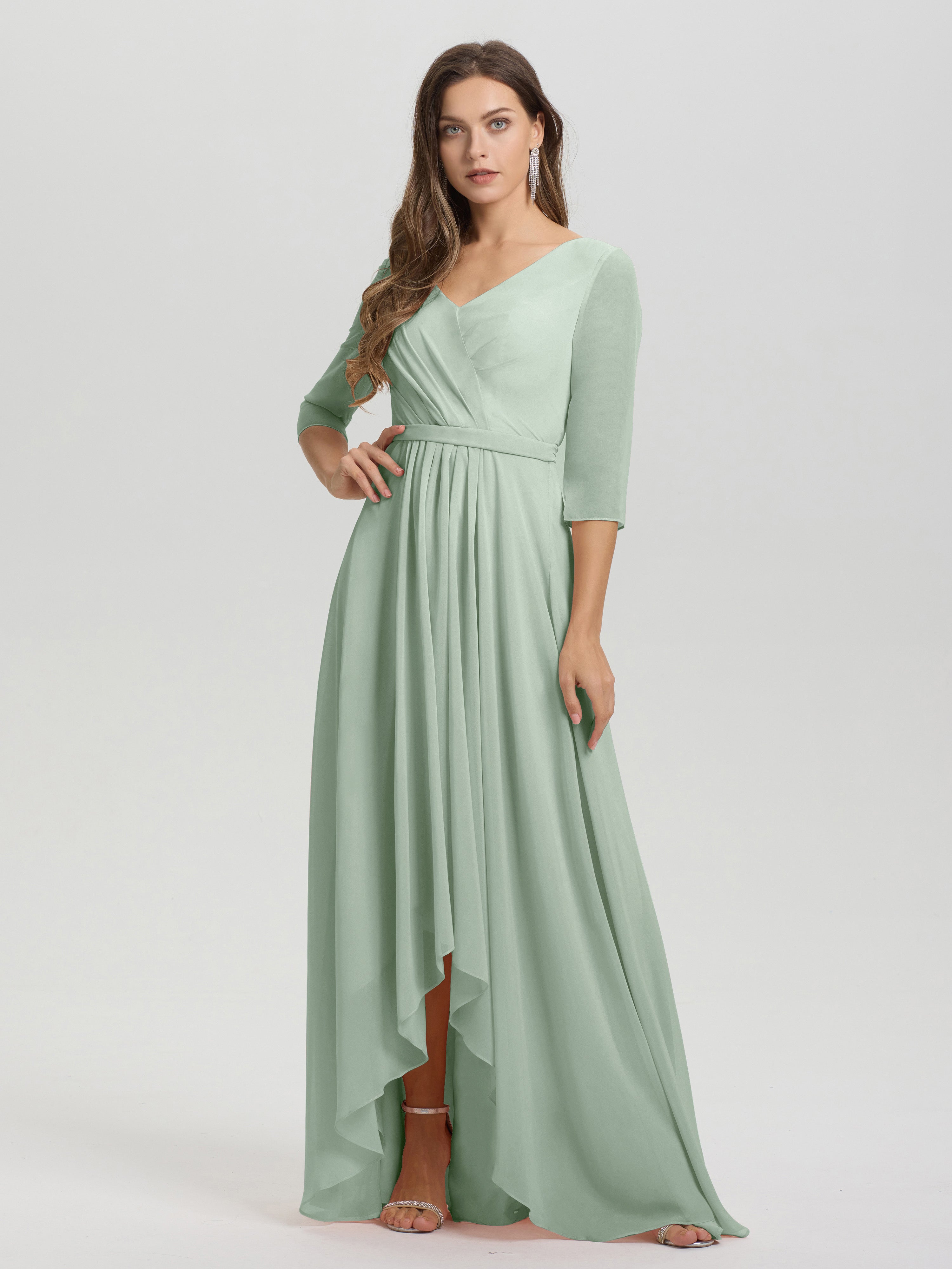 Flowy 3/4 Sleeves V-Neck Asymmetrical High Low Chiffon Bridesmaid Dress