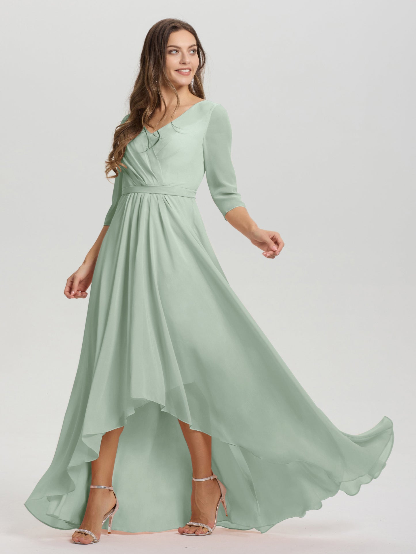 Flowy 3/4 Sleeves V-Neck Asymmetrical High Low Chiffon Bridesmaid Dress