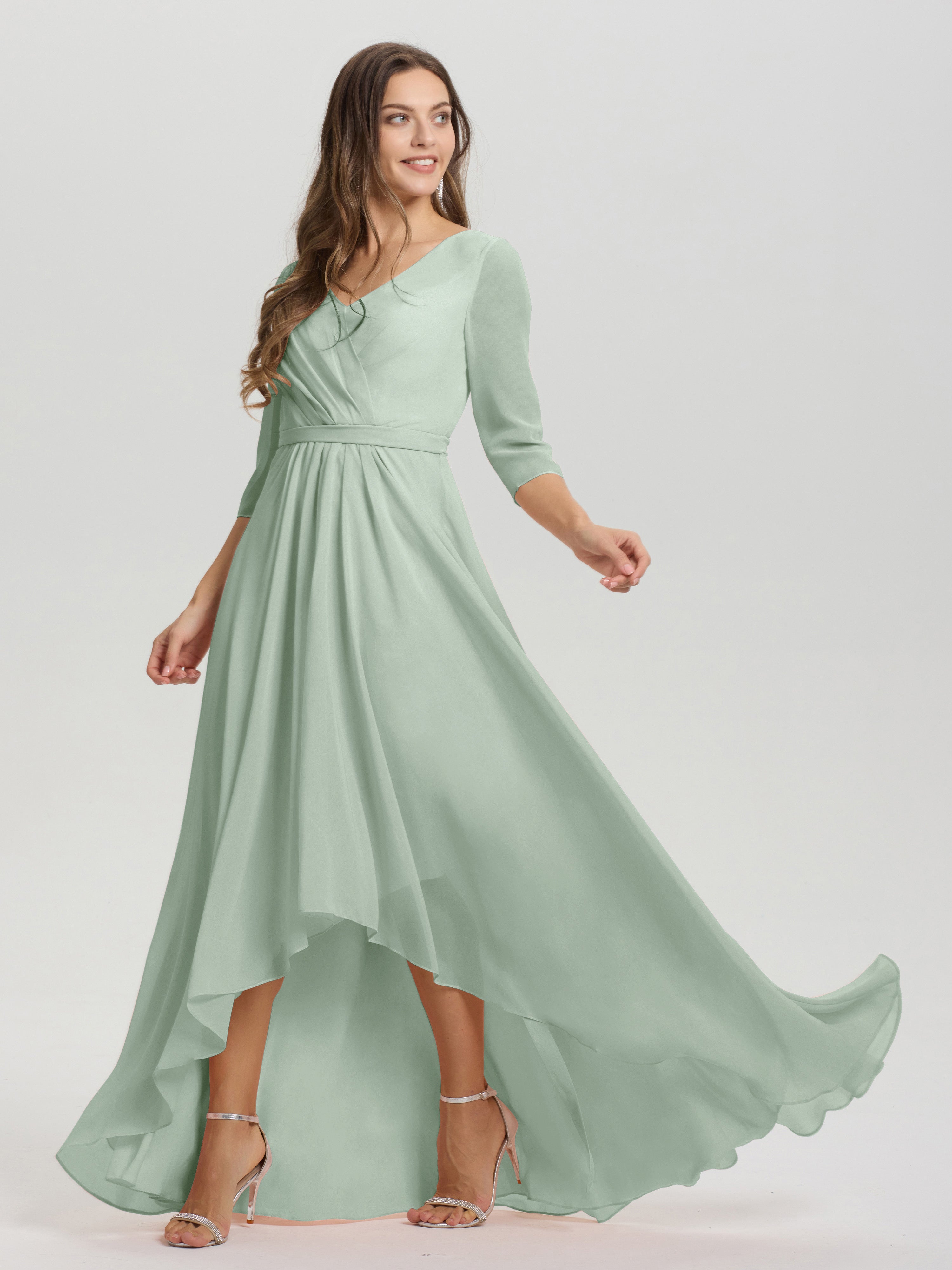 Flowy 3/4 Sleeves V-Neck Asymmetrical High Low Chiffon Bridesmaid Dress