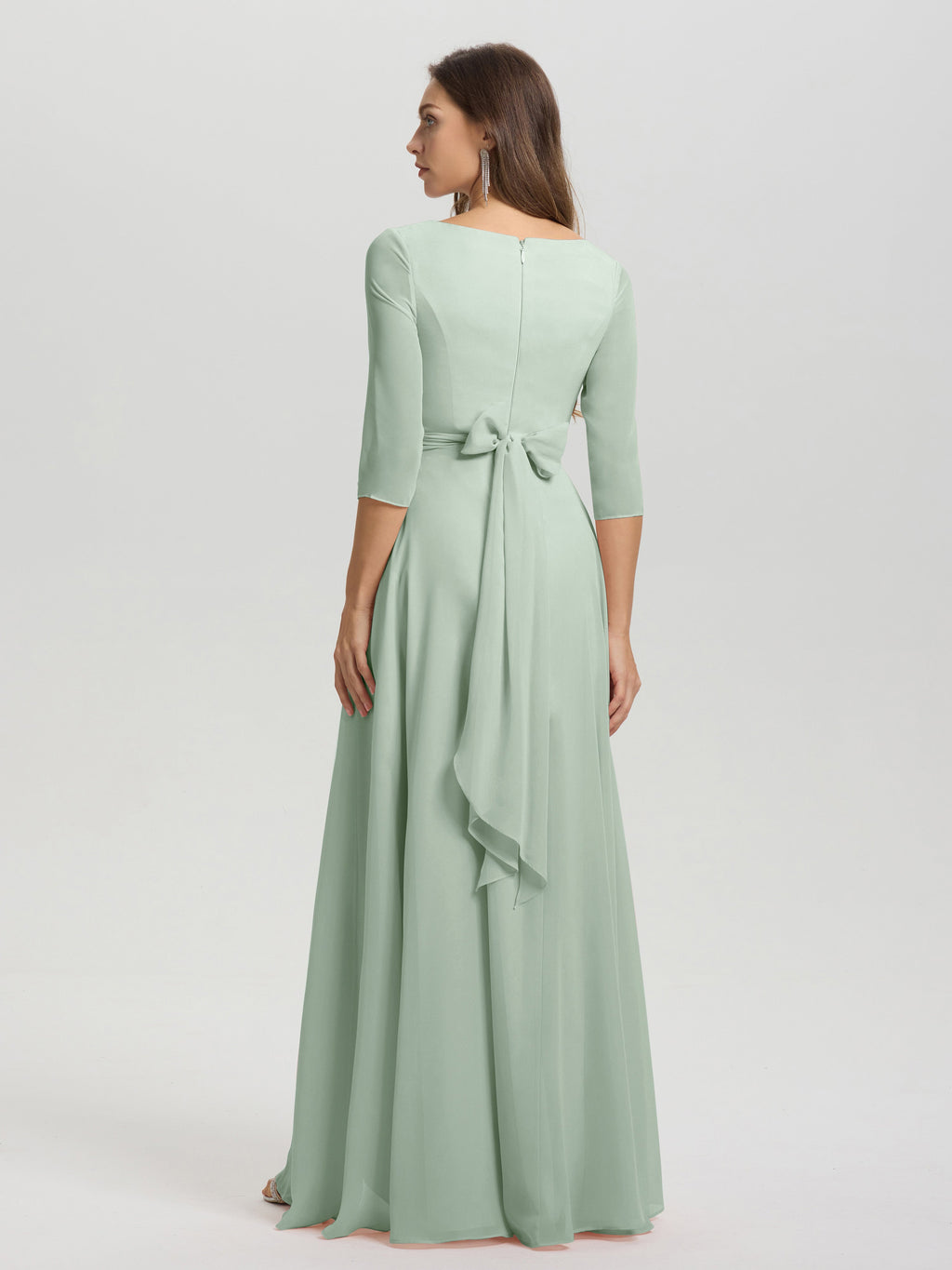 Flowy 3/4 Sleeves V-Neck Asymmetrical High Low Chiffon Bridesmaid Dress