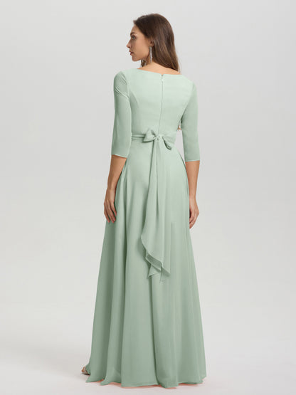 Flowy 3/4 Sleeves V-Neck Asymmetrical High Low Chiffon Bridesmaid Dress