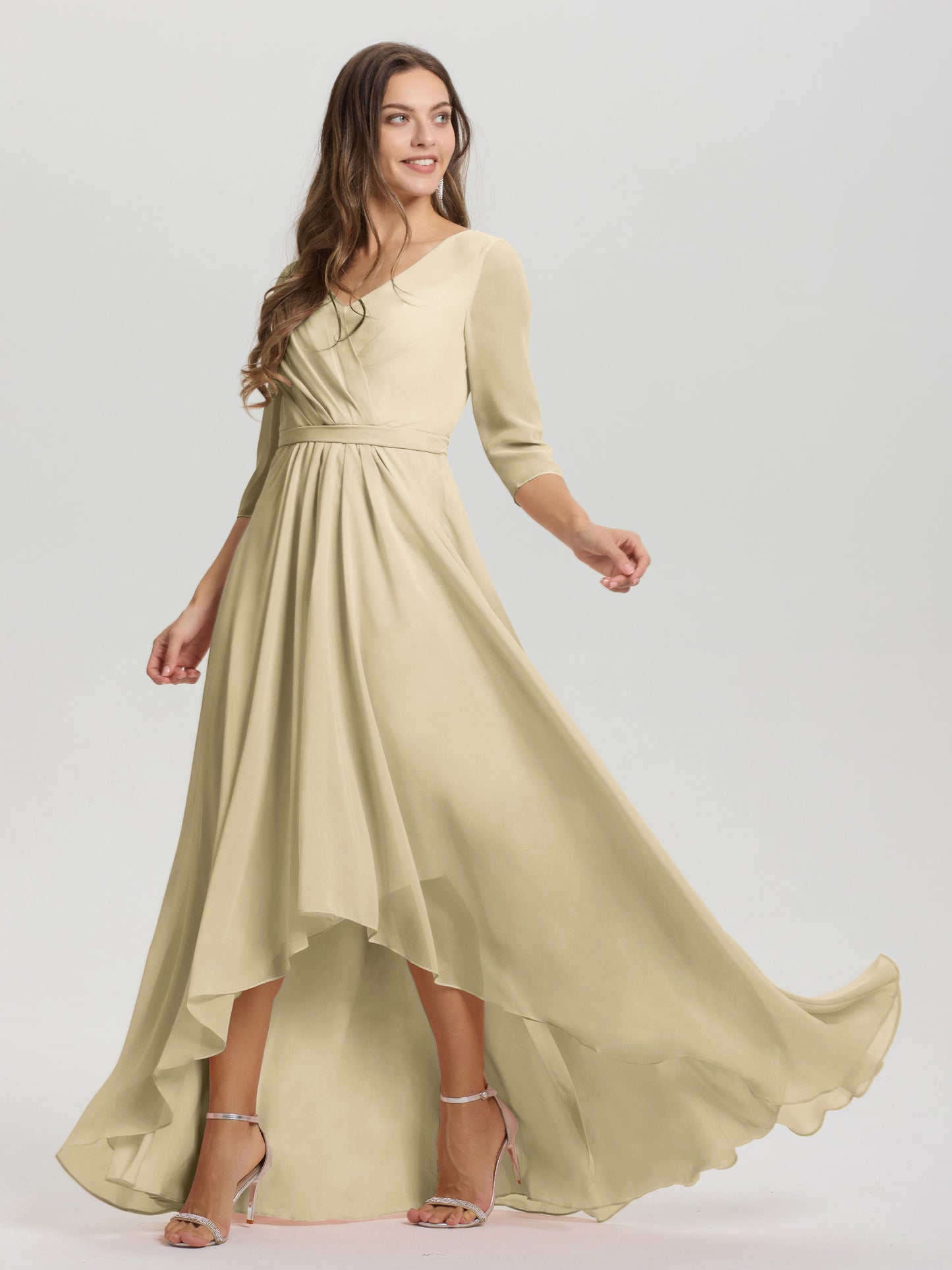 Flowy 3/4 Sleeves V-Neck Asymmetrical High Low Chiffon Bridesmaid Dress