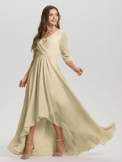 Flowy 3/4 Sleeves V-Neck Asymmetrical High Low Chiffon Bridesmaid Dress