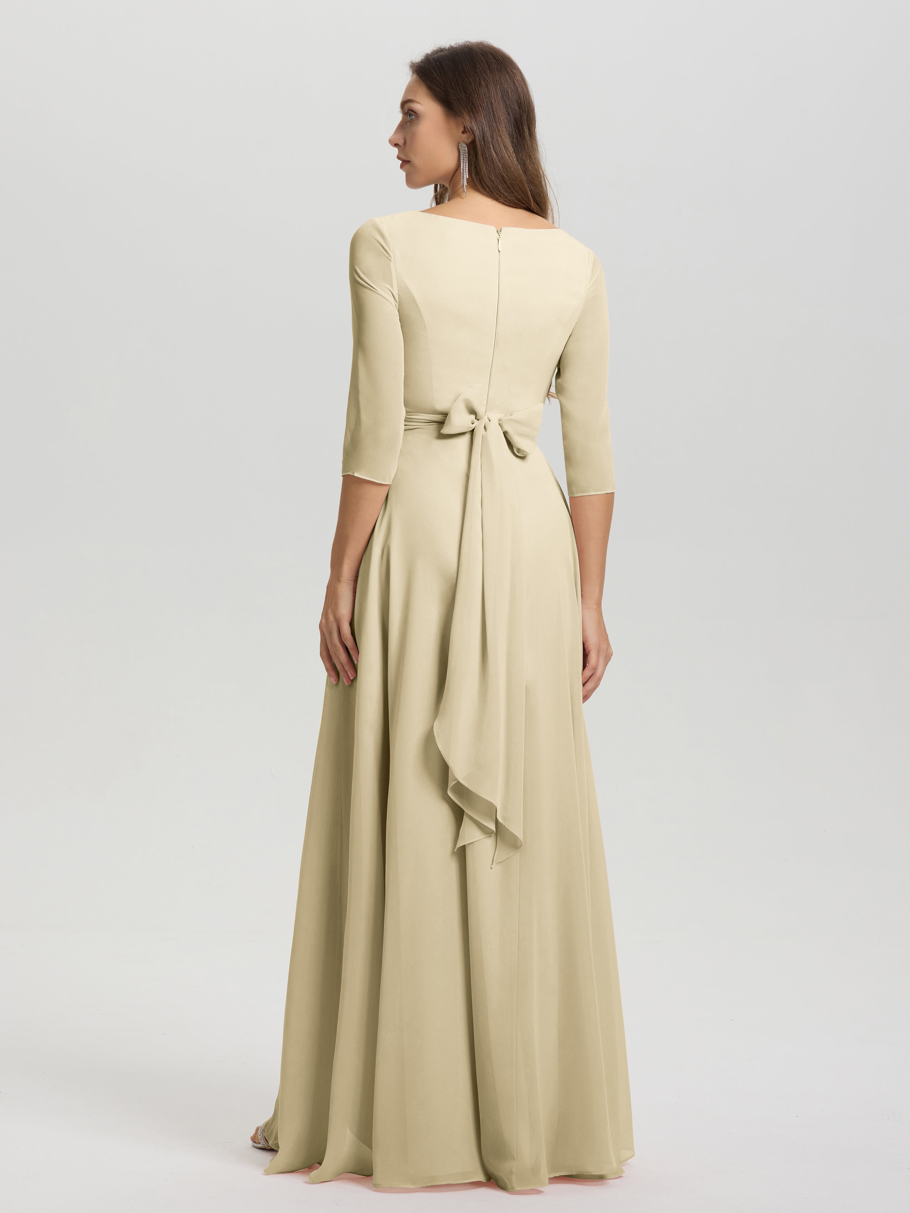 Flowy 3/4 Sleeves V-Neck Asymmetrical High Low Chiffon Bridesmaid Dress