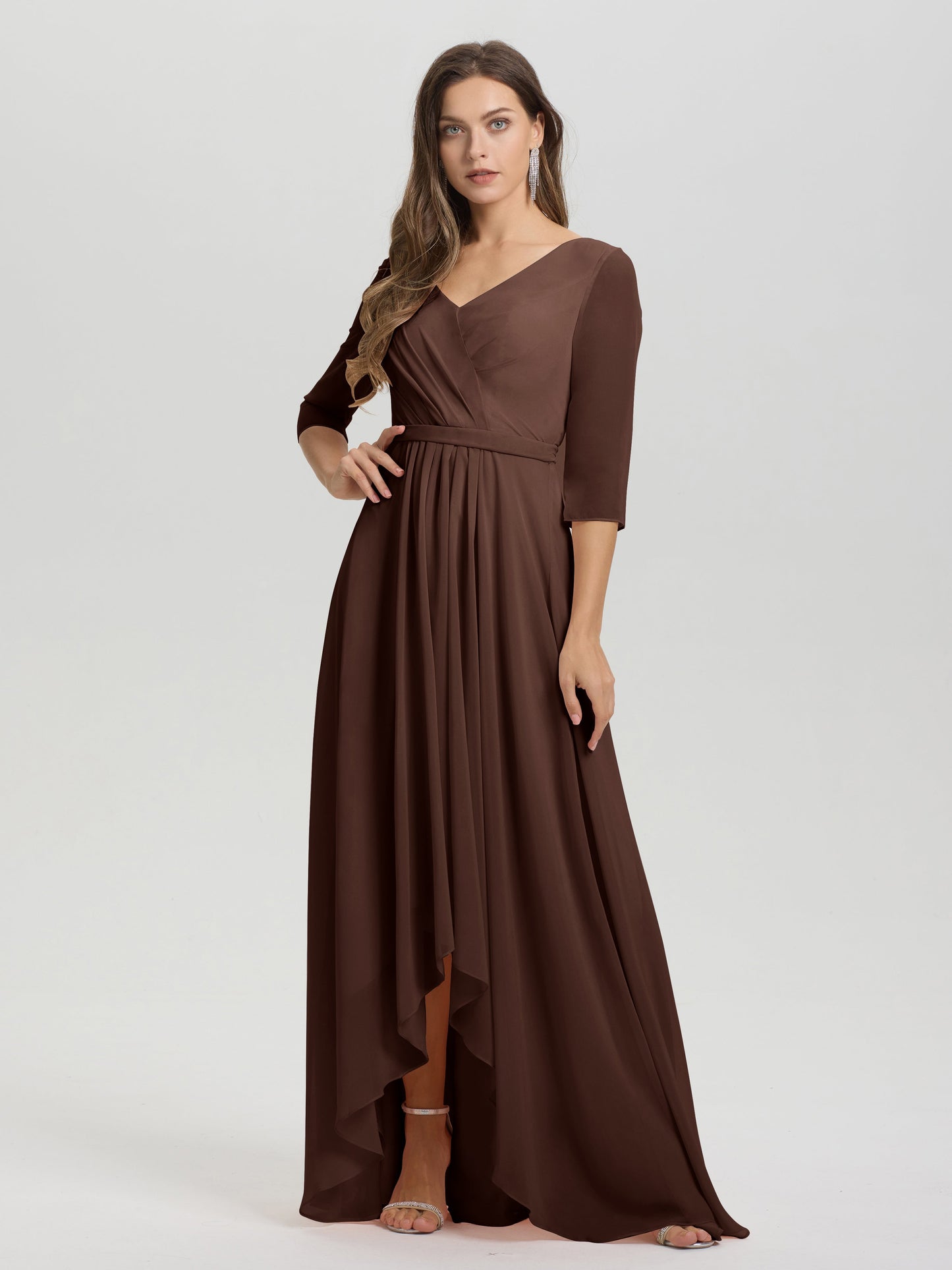 Flowy 3/4 Sleeves V-Neck Asymmetrical High Low Chiffon Bridesmaid Dress