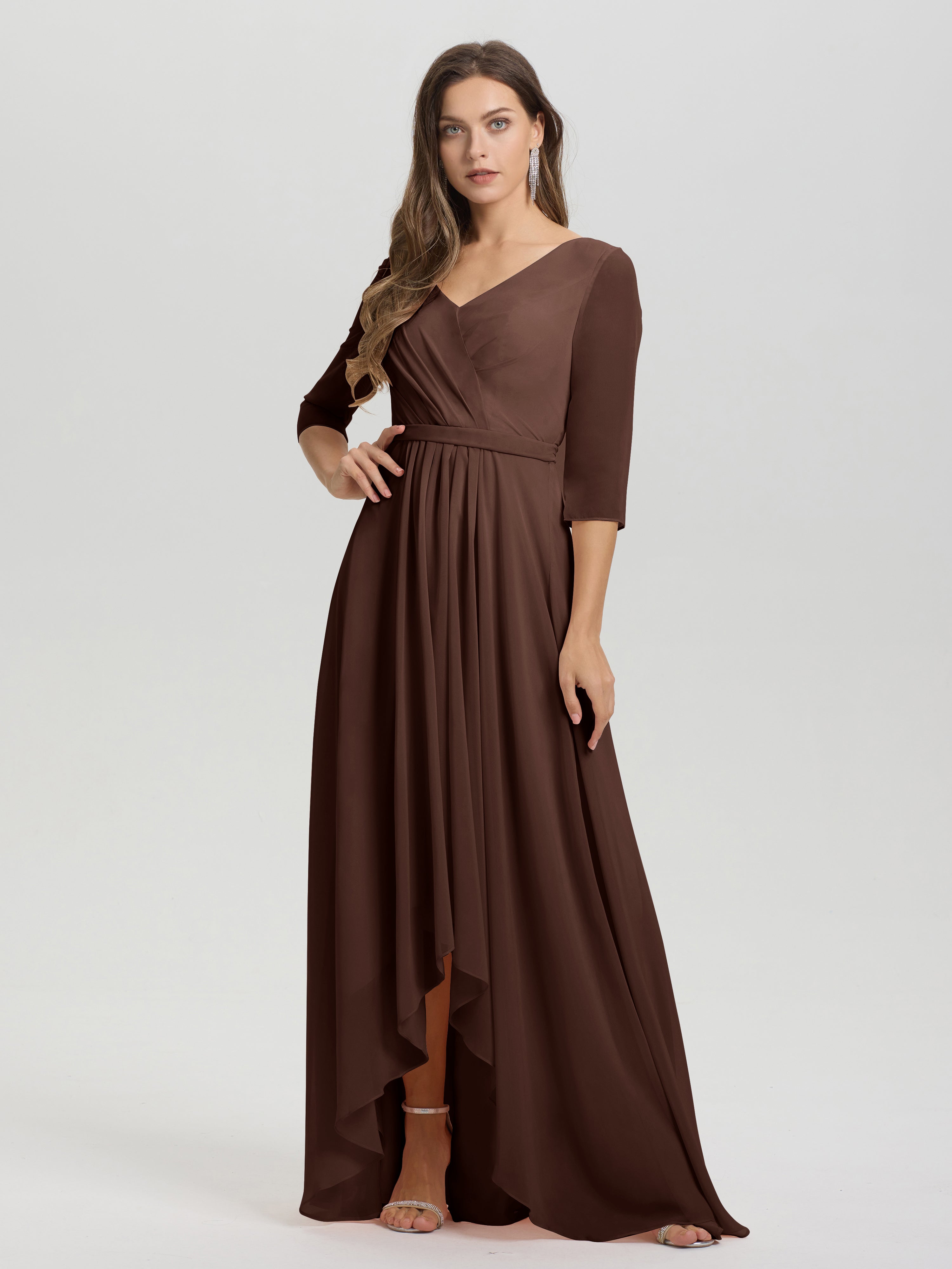 Flowy 3/4 Sleeves V-Neck Asymmetrical High Low Chiffon Bridesmaid Dress