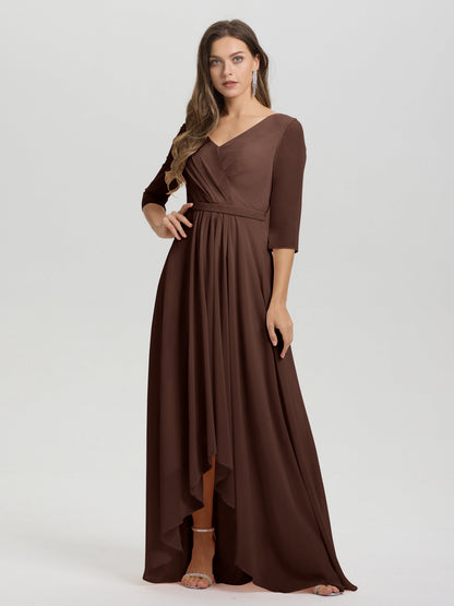Flowy 3/4 Sleeves V-Neck Asymmetrical High Low Chiffon Bridesmaid Dress