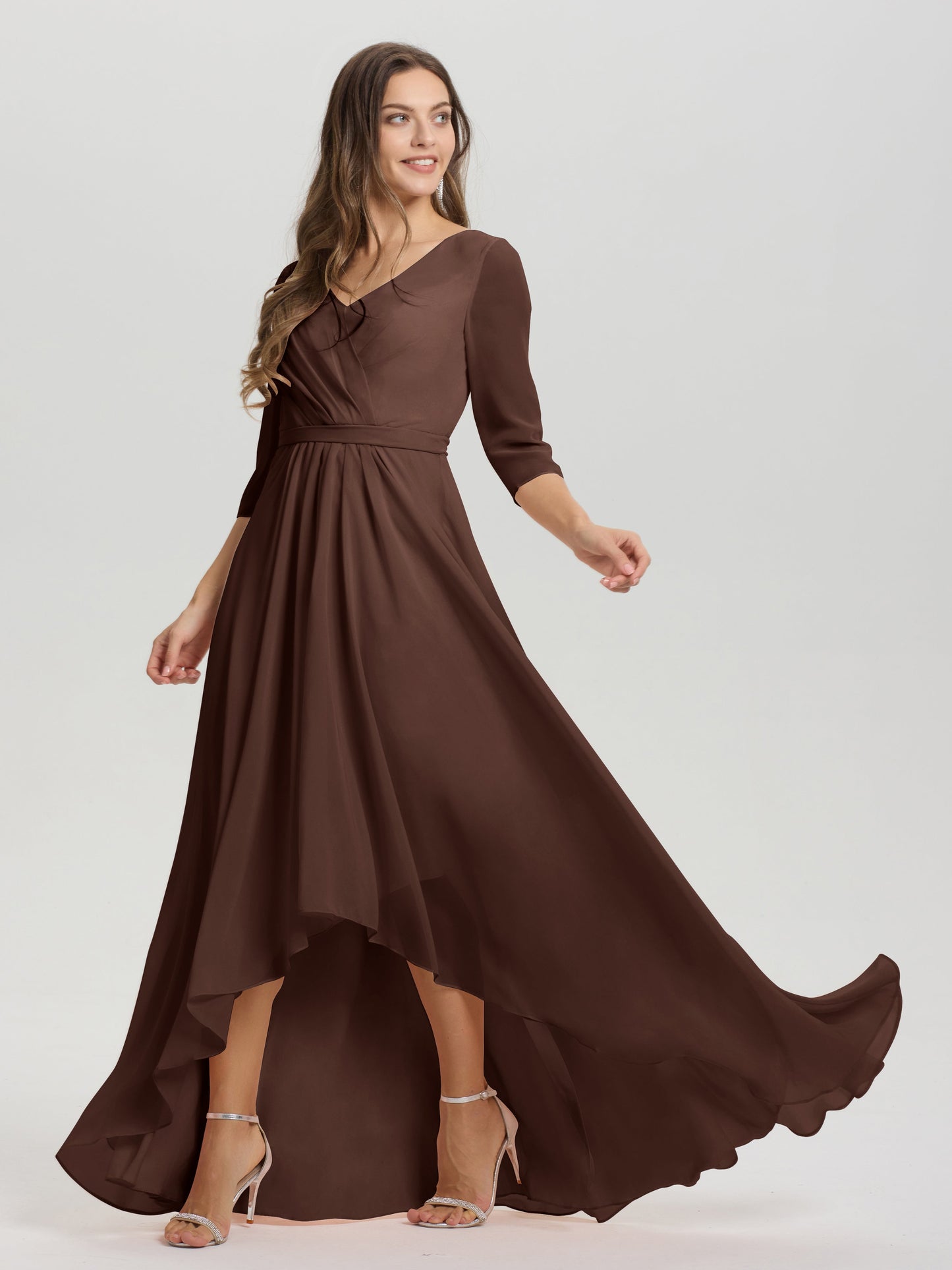 Flowy 3/4 Sleeves V-Neck Asymmetrical High Low Chiffon Bridesmaid Dress