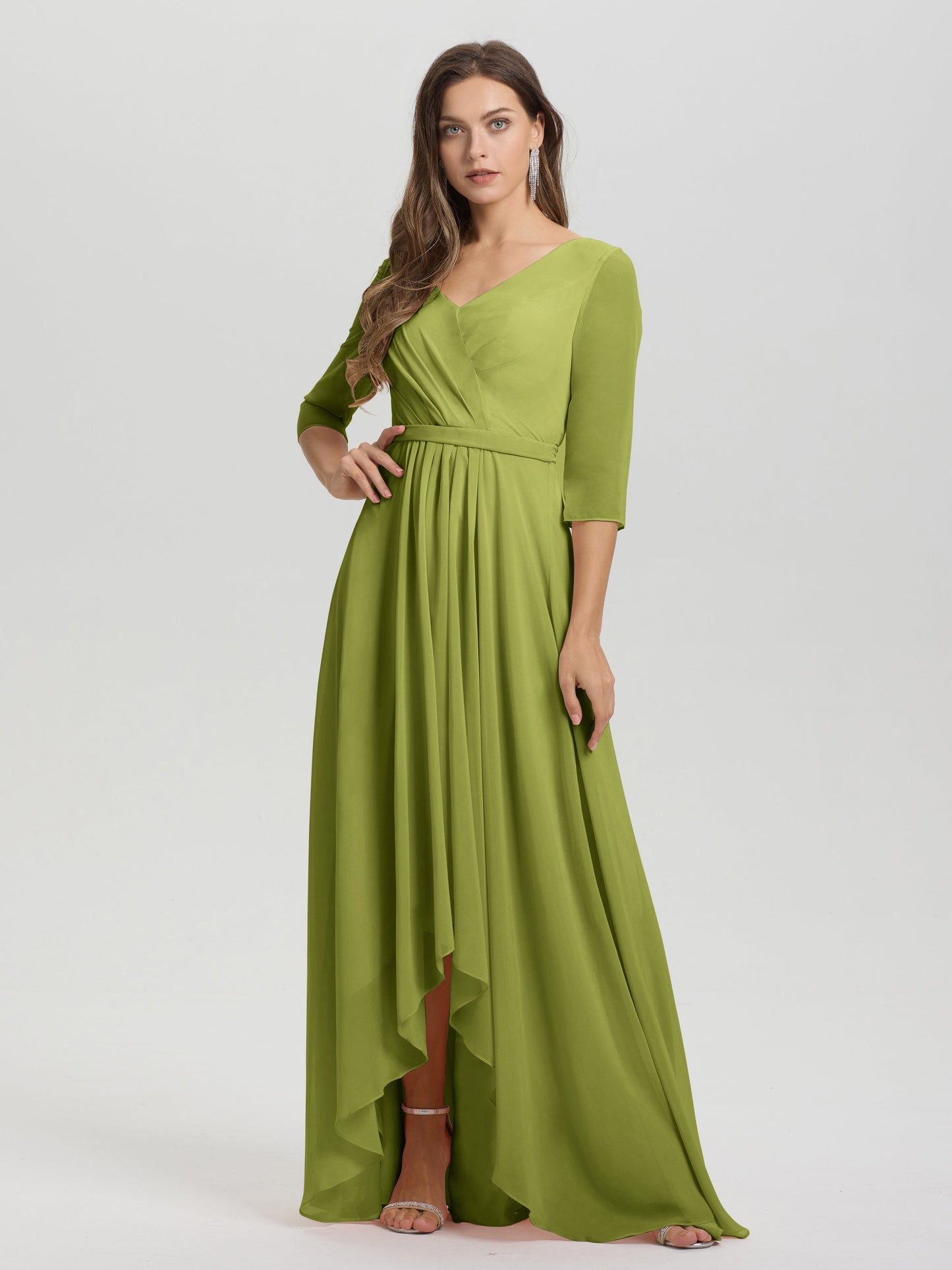 Flowy 3/4 Sleeves V-Neck Asymmetrical High Low Chiffon Bridesmaid Dress