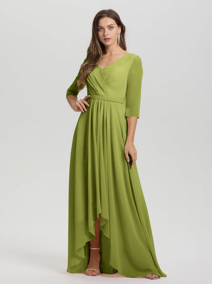 Flowy 3/4 Sleeves V-Neck Asymmetrical High Low Chiffon Bridesmaid Dress