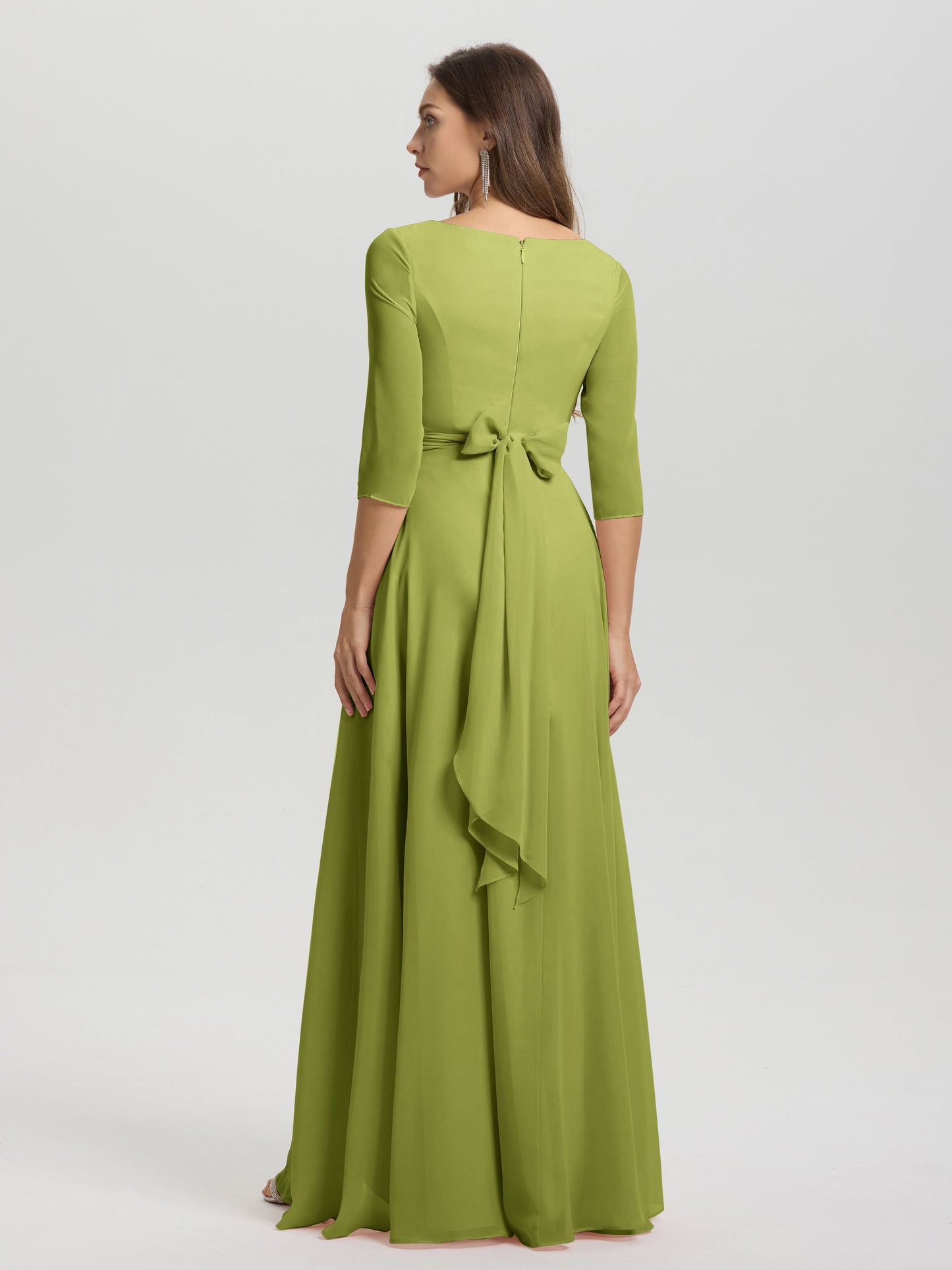 Flowy 3/4 Sleeves V-Neck Asymmetrical High Low Chiffon Bridesmaid Dress
