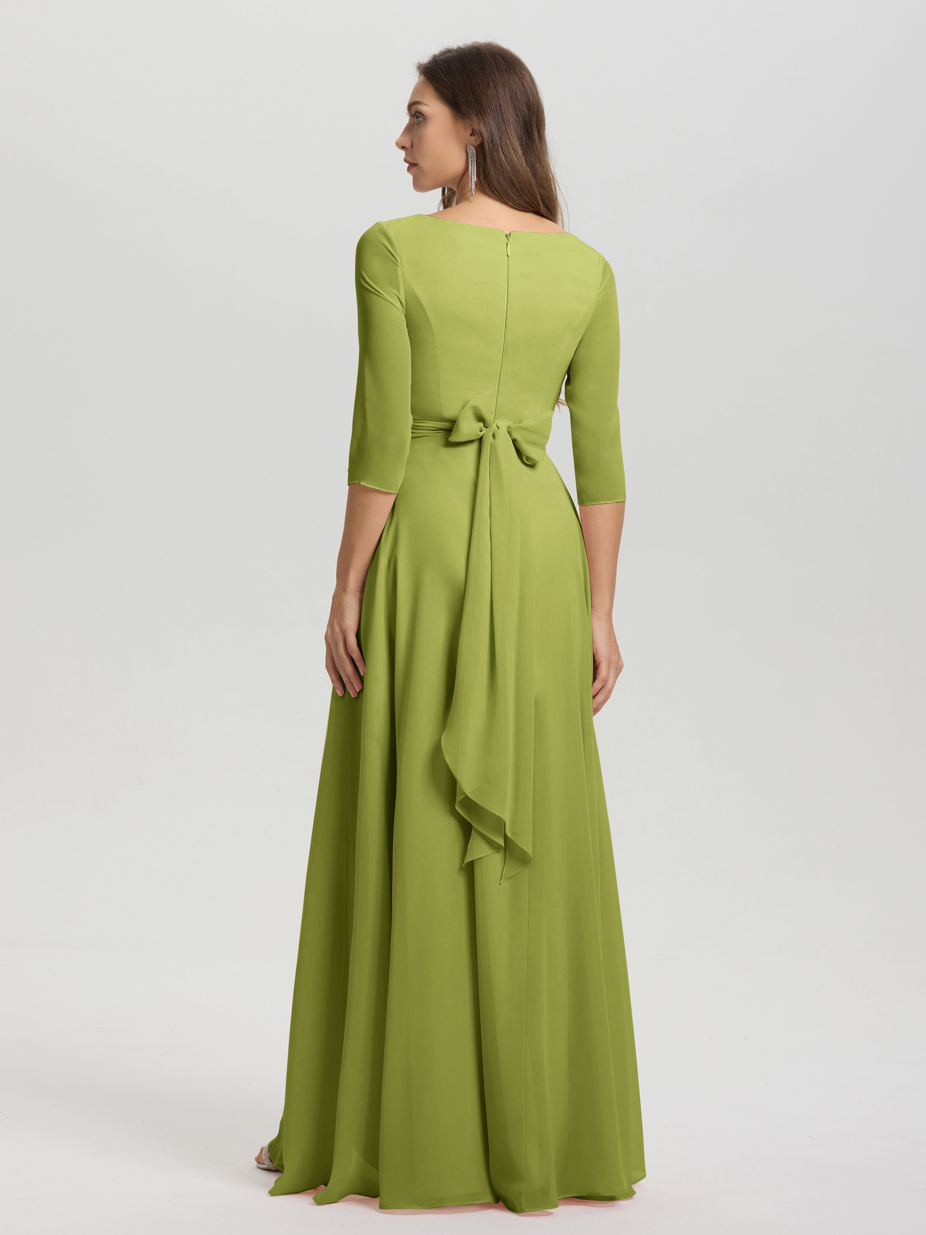 Flowy 3/4 Sleeves V-Neck Asymmetrical High Low Chiffon Bridesmaid Dress