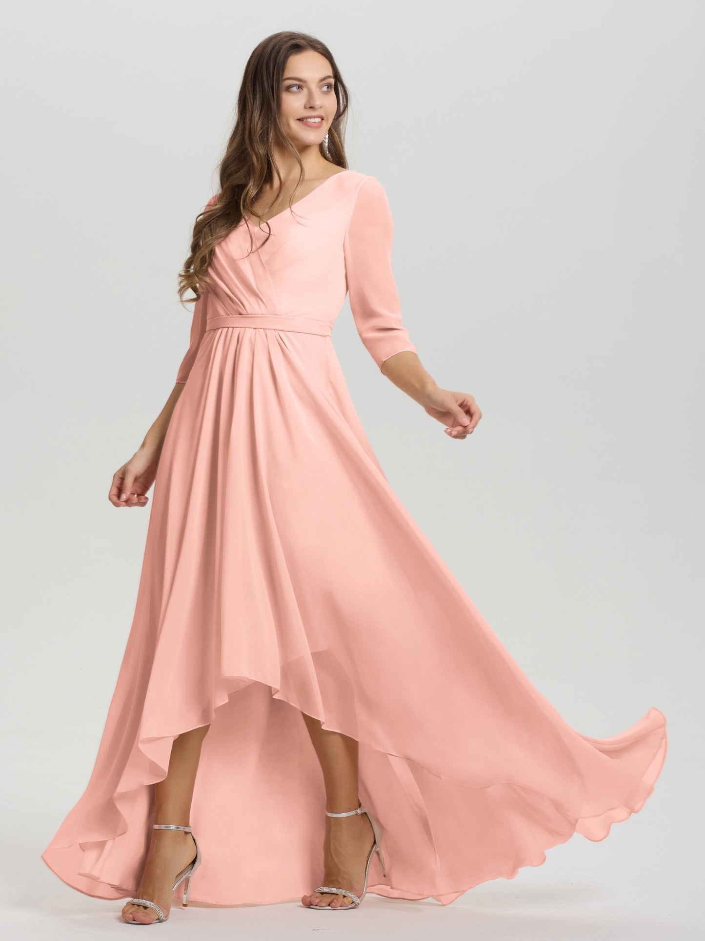 Flowy 3/4 Sleeves V-Neck Asymmetrical High Low Chiffon Bridesmaid Dress