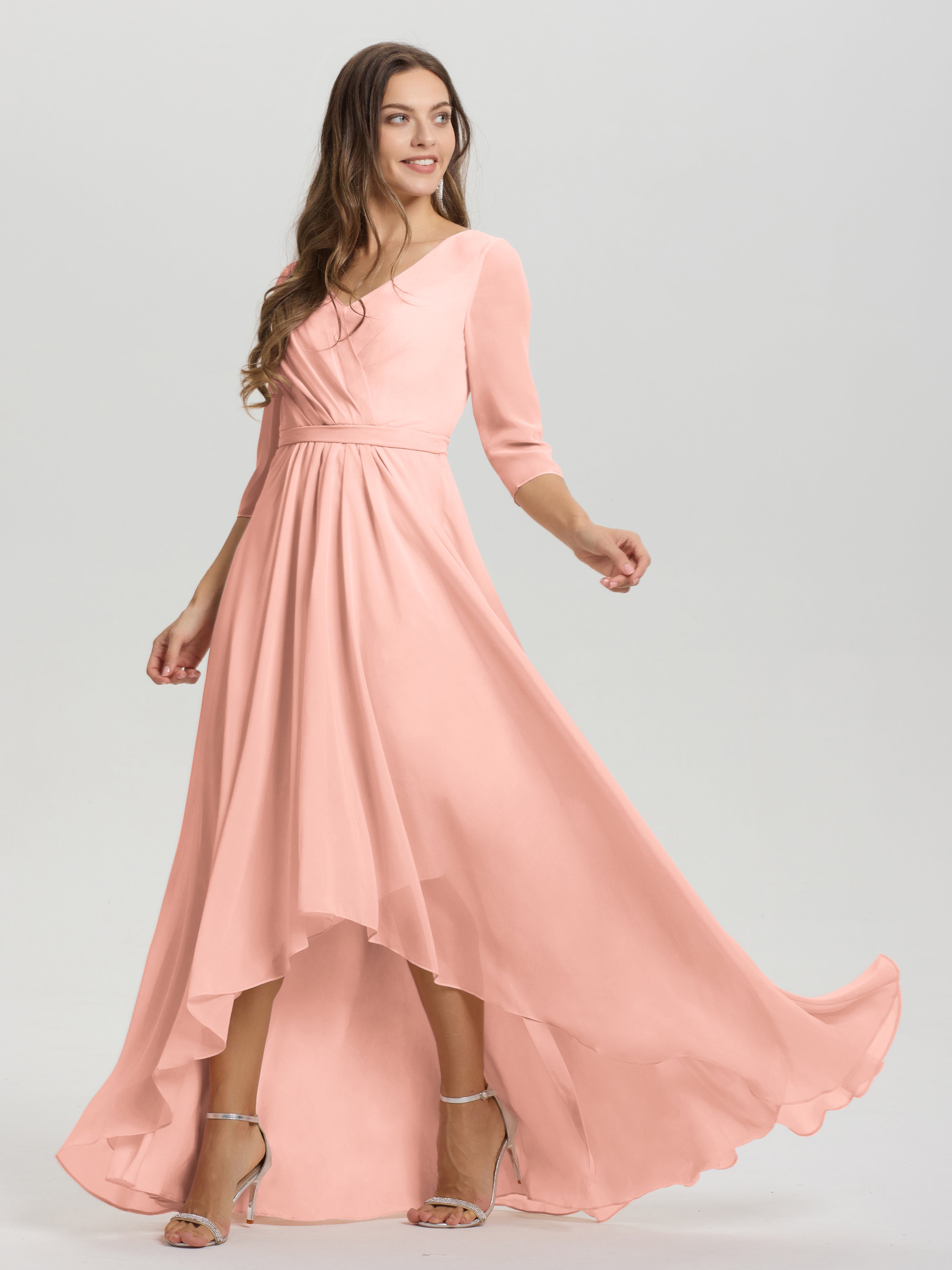 Flowy 3/4 Sleeves V-Neck Asymmetrical High Low Chiffon Bridesmaid Dress