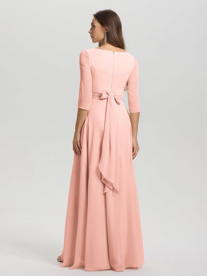 Flowy 3/4 Sleeves V-Neck Asymmetrical High Low Chiffon Bridesmaid Dress