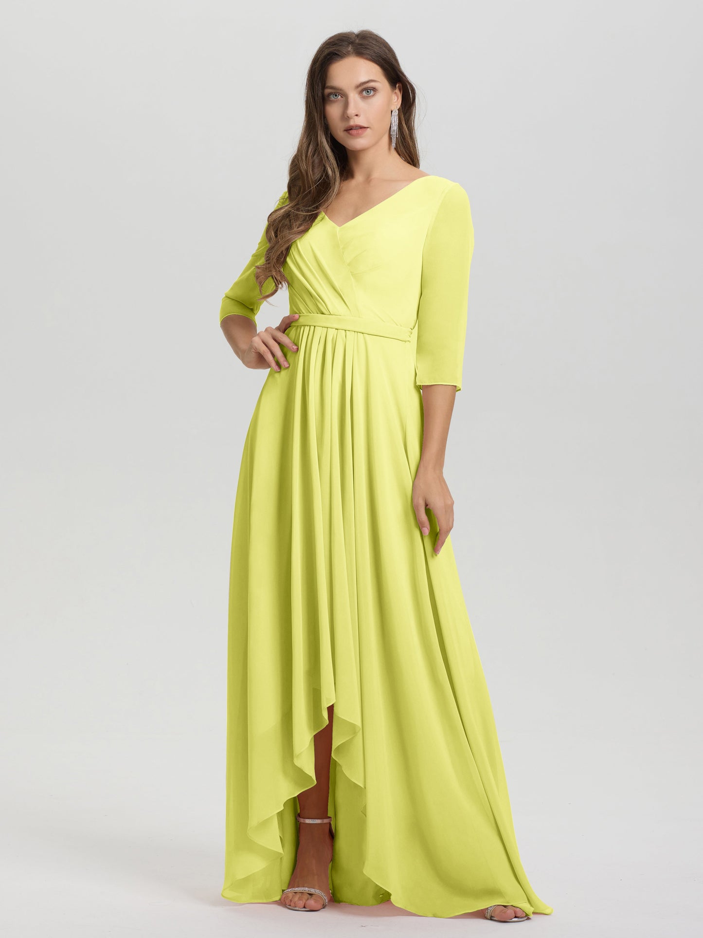 Flowy 3/4 Sleeves V-Neck Asymmetrical High Low Chiffon Bridesmaid Dress